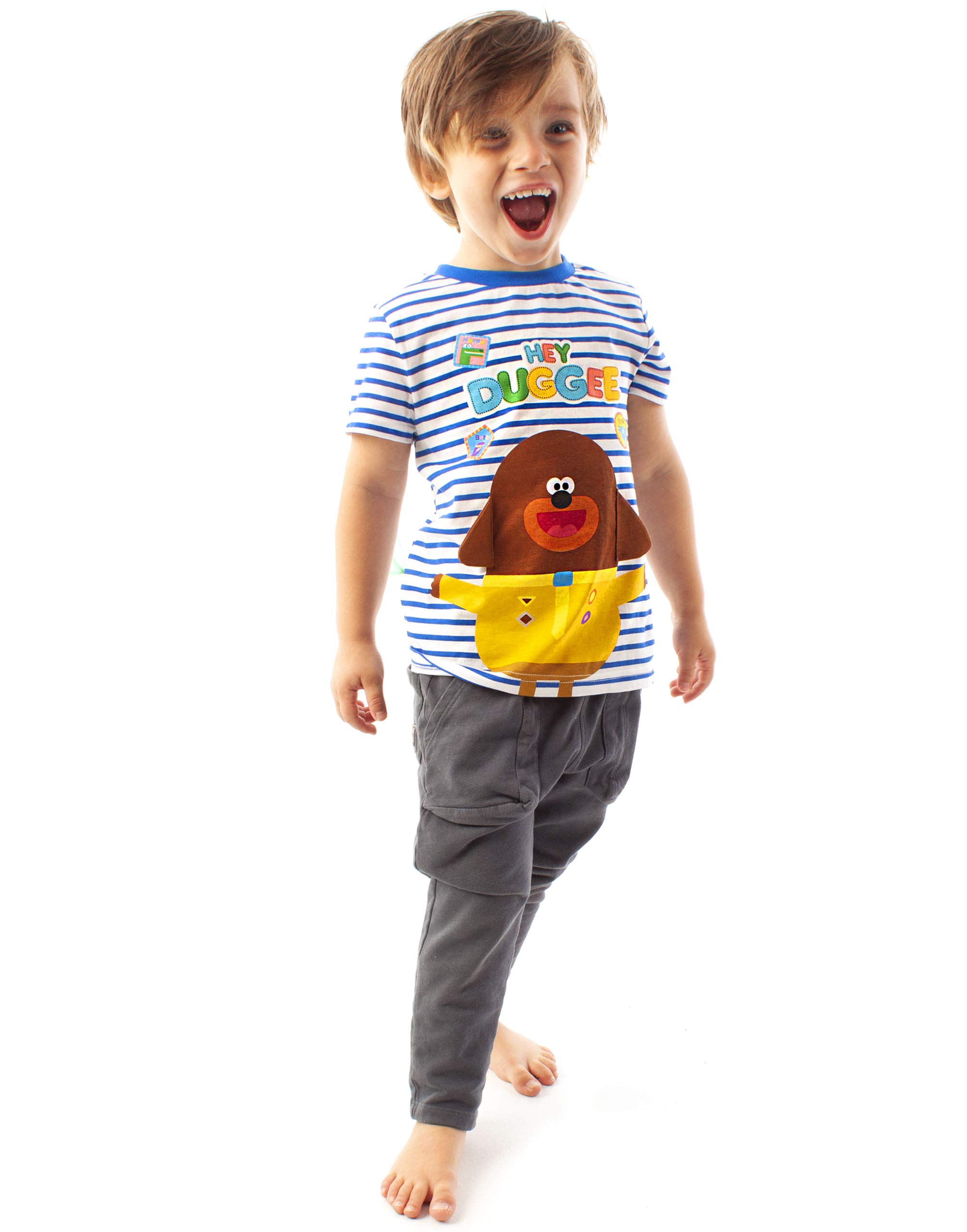 Hey Duggee Boys' Blue & White Striped T-Shirt with Floppy Ears - Cute Cartoon Character Kids Tee for Playdates, Birthday Parties & Everyday Wear
