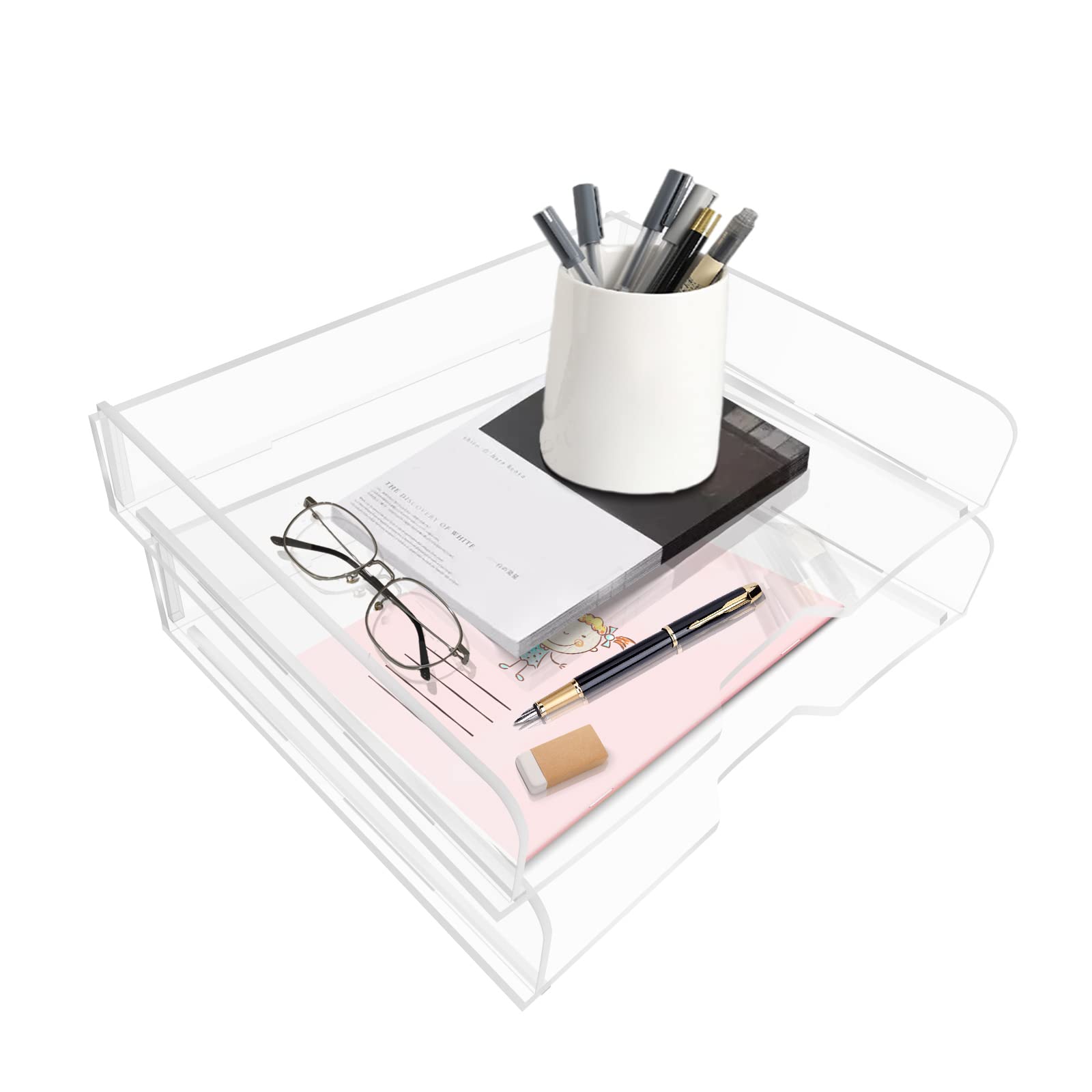 Dinglex Stackable Acrylic File Organizer - 2 Tier Letter/A4 Paper Tray for Printer Paper, Magazines & Documents | Clear Desktop File Holder for Office, Home & School Organization | Space-Saving Storage Solution