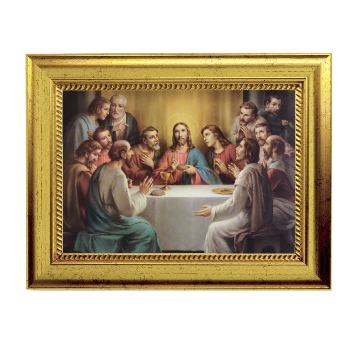 Religious Wall Art - The Last Supper Framed Painting, Small Antique Gold Leaf Frame with Rope Detailing - Perfect for Home Decor, Church, or Office