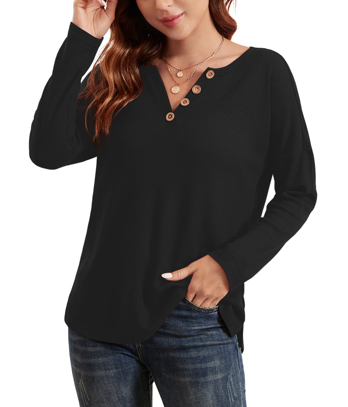 SHIJIALI Women's Long Sleeve Waffle Knit Tunic Blouse - Casual Button Up V-Neck Henley Shirt with Side Split | Perfect for Fall Layering, Office Wear & Weekend Outfits