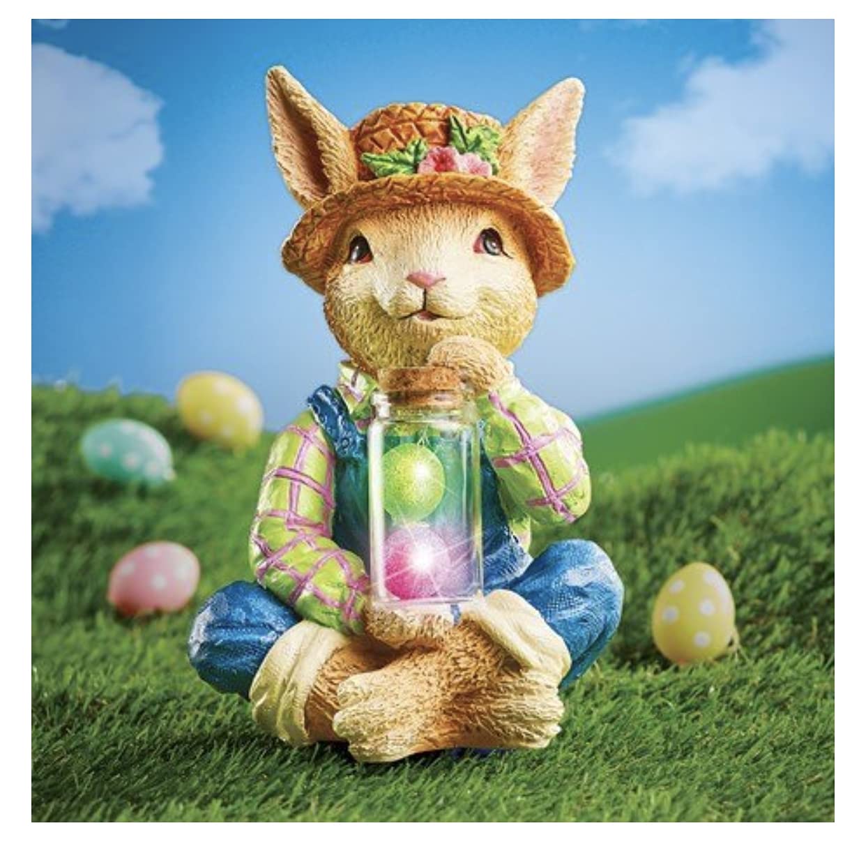 Solar Powered Bunny in Overalls - Spring Garden Decor, Cute Outdoor Statue for Yard, Lawn, Patio - Weather-Resistant Solar Light Sculpture for Easter & Home Decor