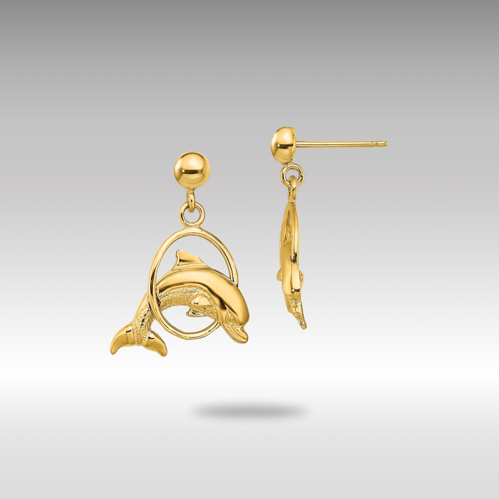 Elegant Gold 2D Polished Dolphin Jumping Through Hoop Earrings - Model TE764 - Perfect for Beach Parties, Summer Outfits & Ocean-Themed Gifts