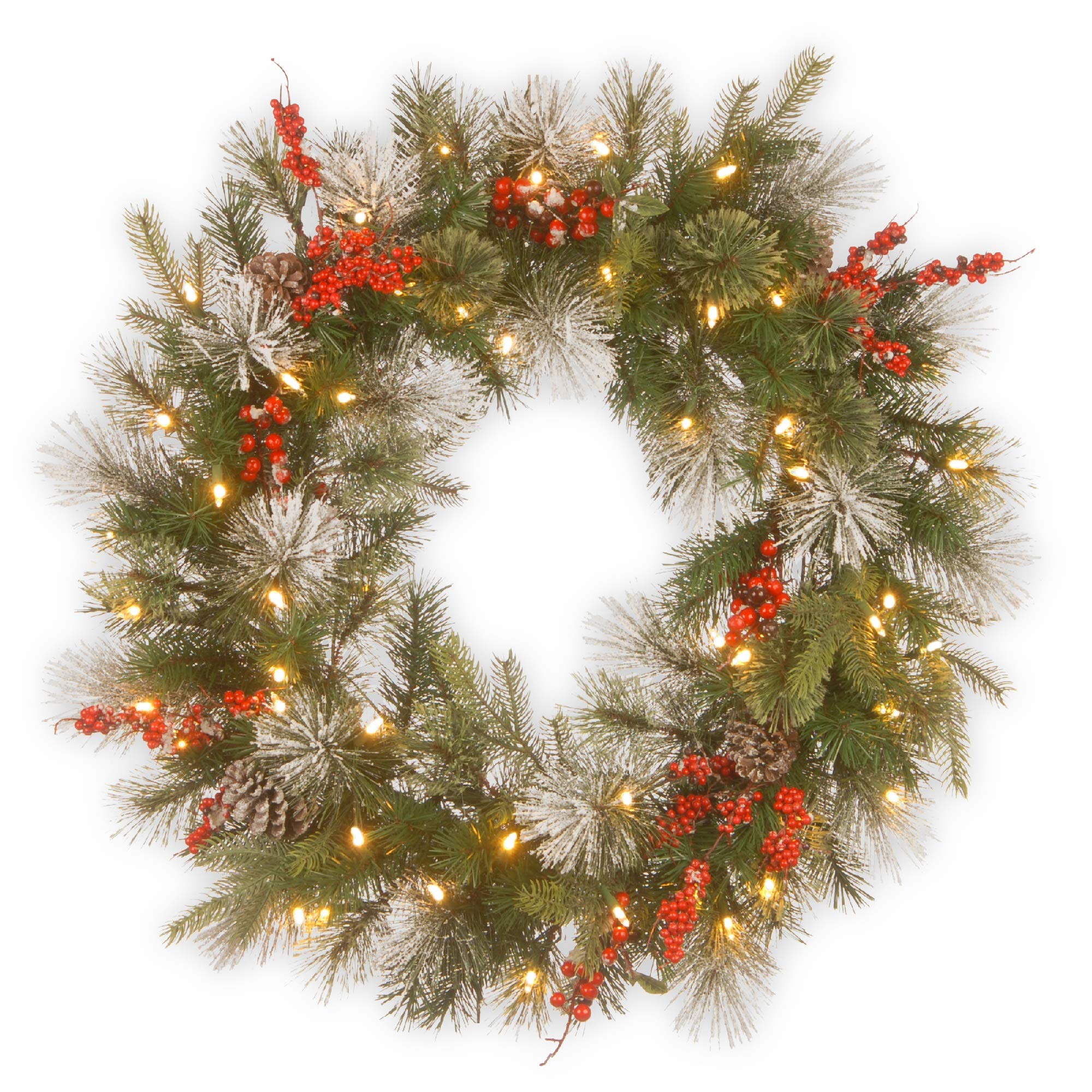 30-Inch Pre-Lit Artificial Christmas Wreath with LED Lights - Winter Berry Decor for Holiday Door & Wall Decoration