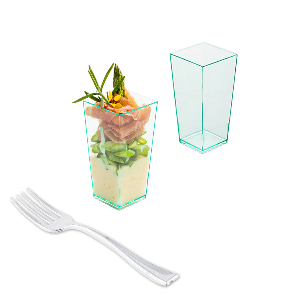 100 Pack 4 oz Square Seagreen Plastic Tall Geometric Cups with 100 Silver Mini Plastic Forks - Perfect for Party, Wedding, Baby Shower & Outdoor Events