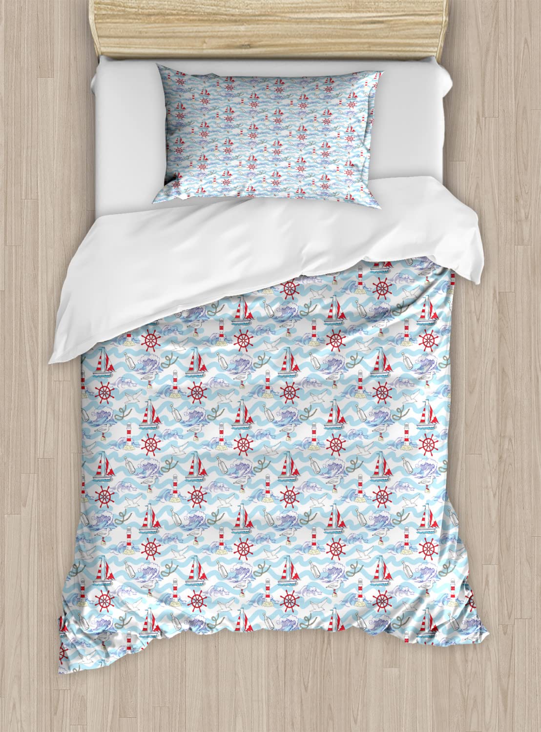 Ambesonne Lighthouse Duvet Cover Set - Nautical Wavy Stripes Ocean Theme with Ship, Steering Wheel & Seagulls Design - 2-Pack Twin Size Bedding Set (Pale Blue, Purple, Red) for Coastal & Beach House Decor