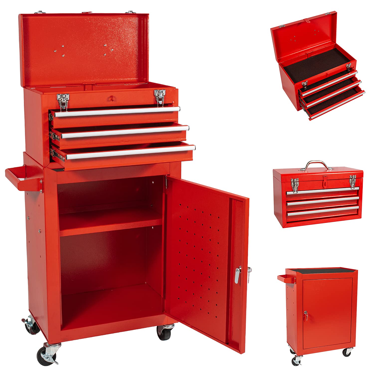 3-Drawer Rolling Tool Chest with Lockable Drawers - Heavy Duty Tool Cart on 4 Wheels for Garage, Workshop & Warehouse Storage (Red) - Perfect for Mechanics, DIY Projects & Professional Tool Organization