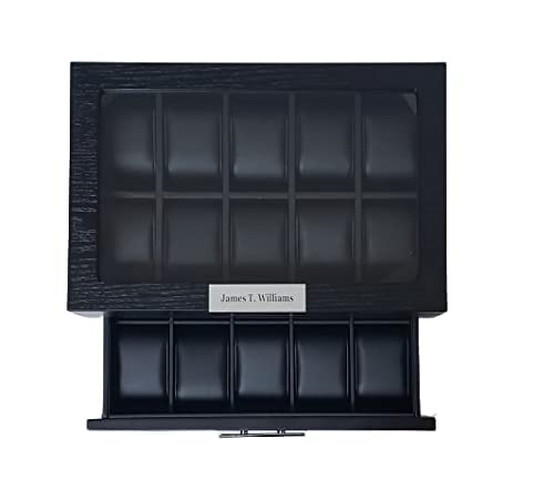 TIMELYBUYS 20 Black Ebony Wood Watch Display Case - 2-Tier Jewelry Organizer with Glass Top & Stainless Steel Accents - Personalized Watch Box for Extra Height Storage | Perfect for Watch Collectors & Jewelry Organization at Home or Retail Stores