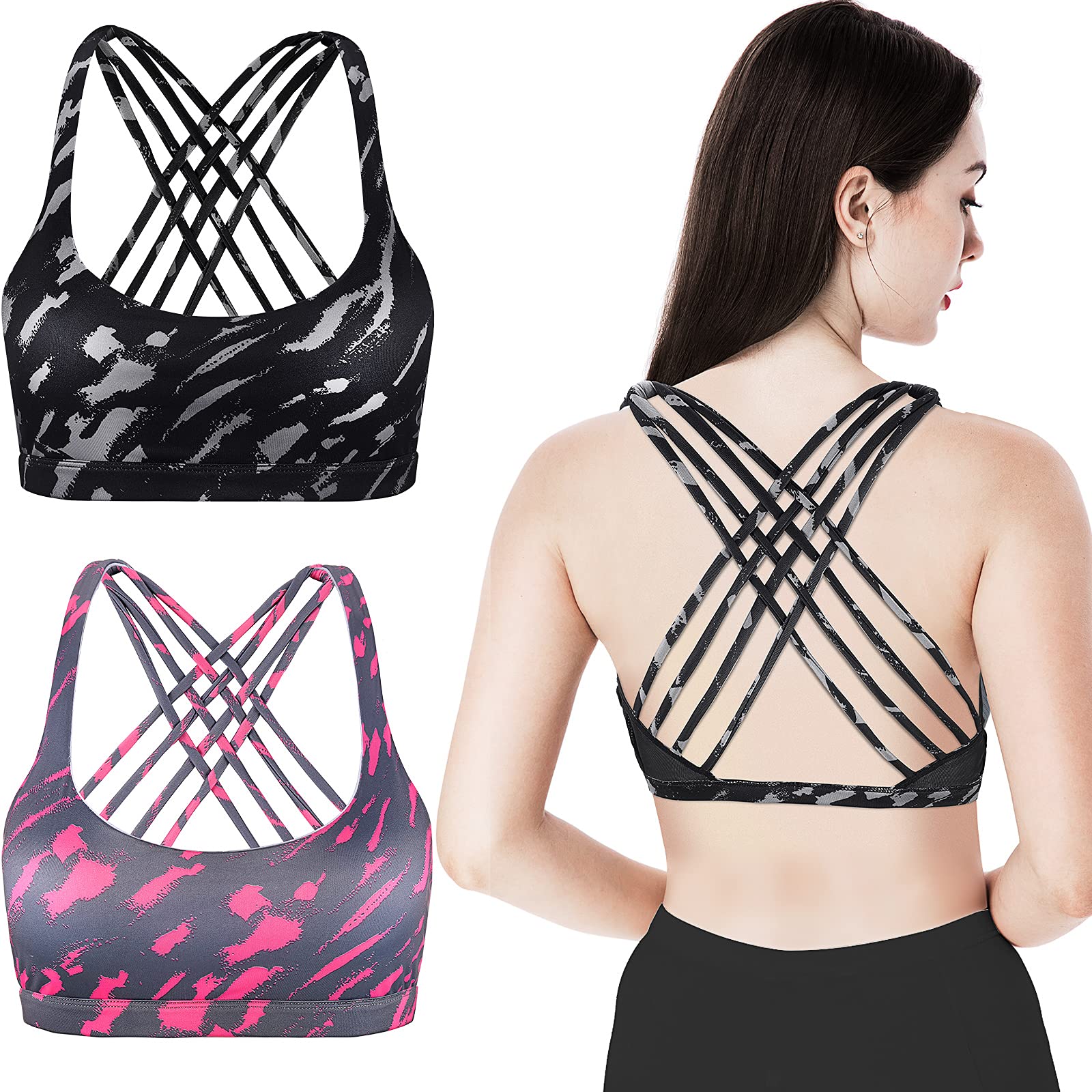 Patelai 2 Pack Women's Padded Sports Bras - Cross Back Workout Bras with Straps, Seamless Comfort for Yoga, Gym & Running | High Support for Active Lifestyles