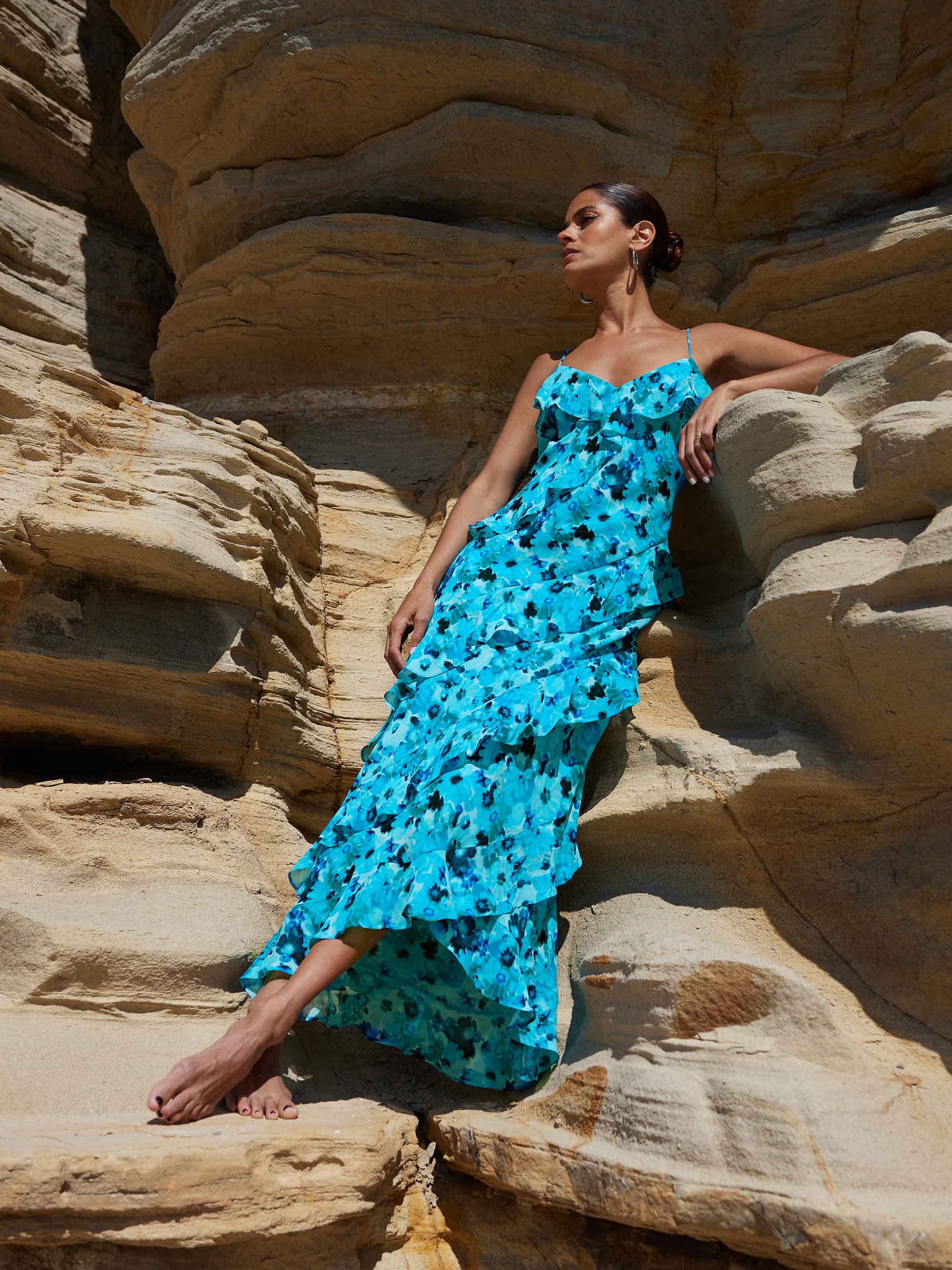 Kirstee Women's Blue Floral Print Ruffle Cami Maxi Dress - Summer Beach Wedding Party Outfit
