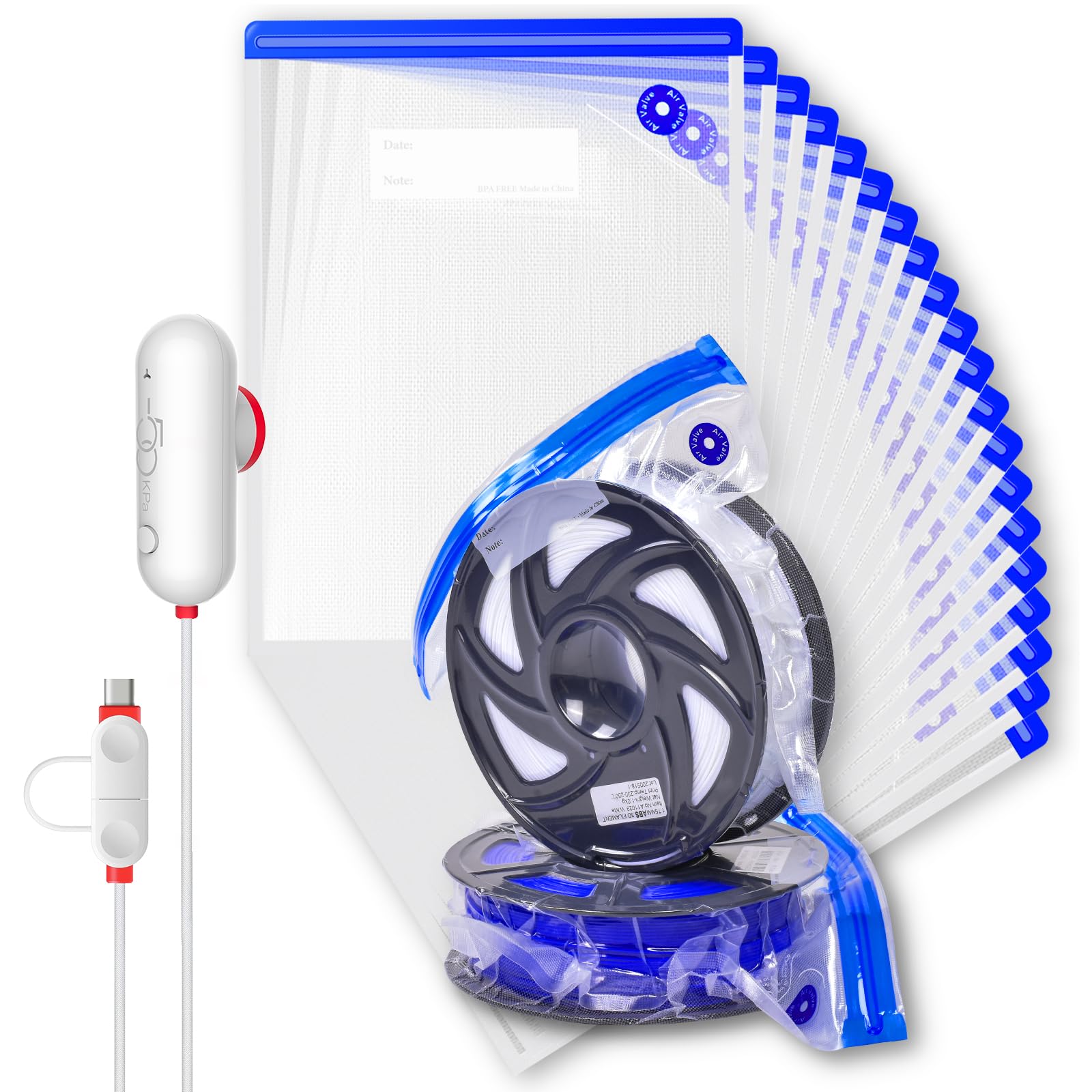 20 Pack 3D Filament Vacuum Storage Bags Kit with USB Air Pump - Moisture Proof Filament Dry Box for 3D Printing Filament Storage & Organization - Perfect for PLA, ABS, PETG Filament Spools