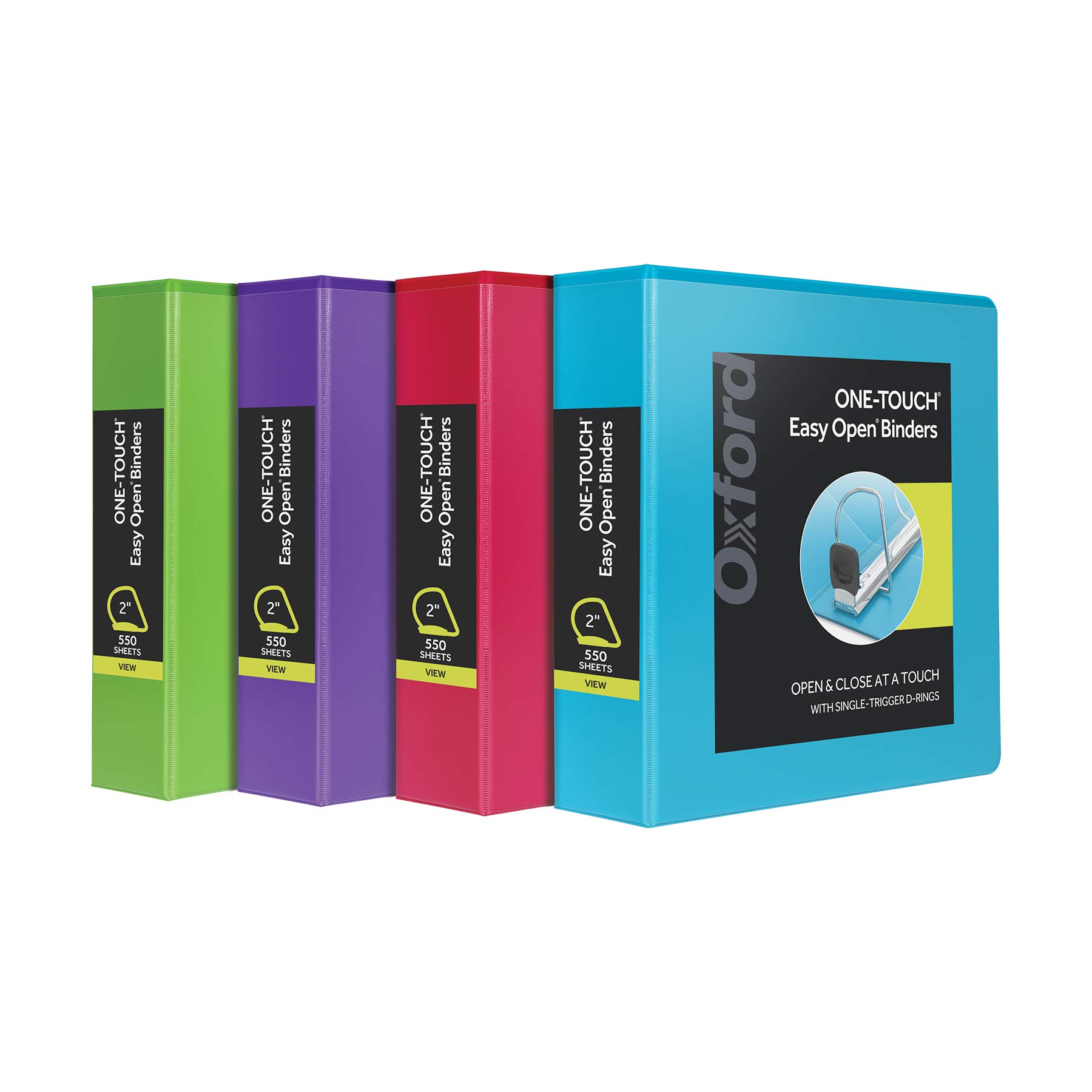 Oxford 3 Ring Binders 2 Inch - ONE-Touch Easy Open D Rings, Clear View Binder Covers with Durable Hinge, Non-Stick PVC-Free Fashion Colors 4-Pack (79913) - Perfect for School, Office & Home Organization