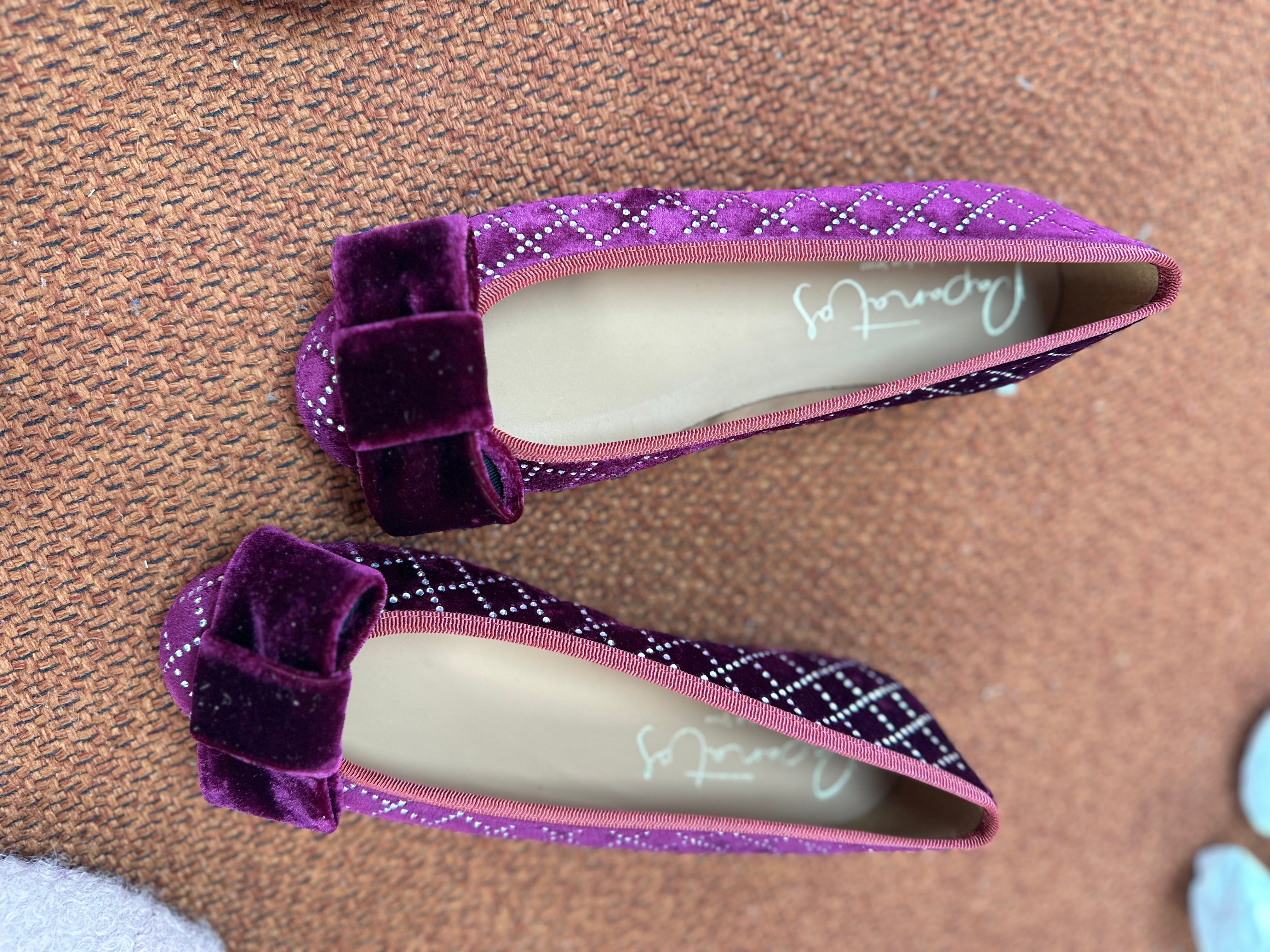 Burgundy Velvet Studded Bow Flats for Women - Elegant Comfortable Ballet Shoes for Casual Wear, Parties & Weddings