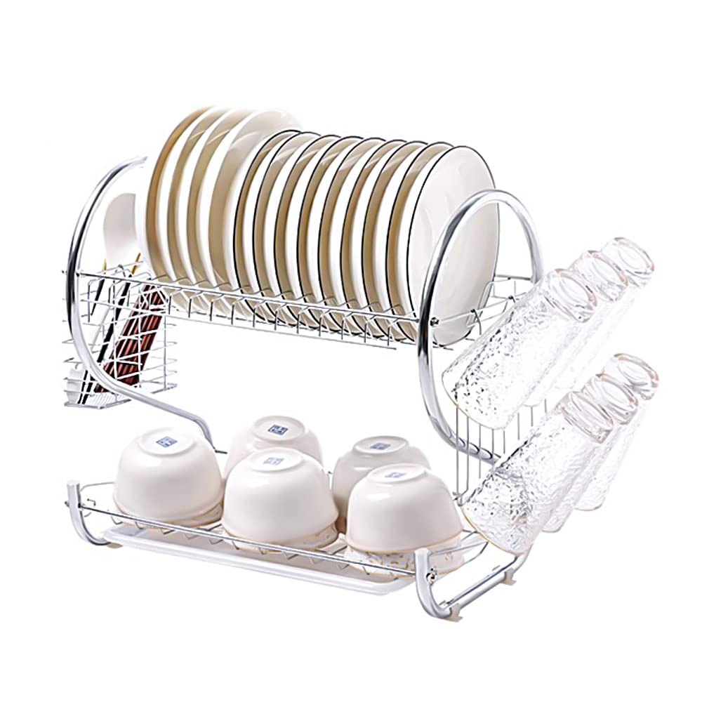 Stainless Steel 2-Tier Dish Drying Rack with Drainboard - Kitchen Counter Organizer for Utensils & Cups