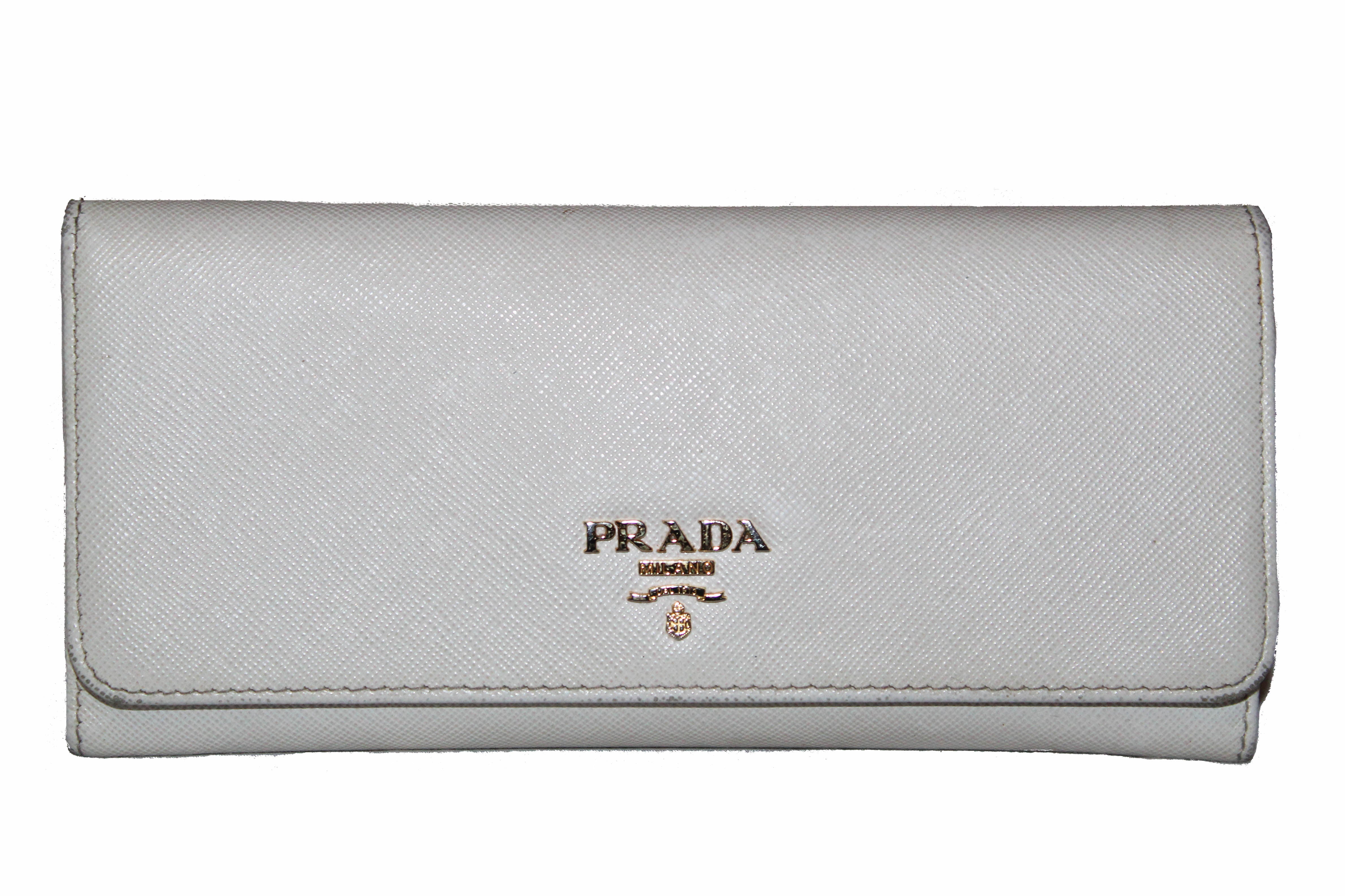 Authentic Prada Ivory Saffiano Leather Continental Flap Wallet for Women | Luxury Designer Wallet with RFID Protection | Perfect for Everyday Use, Travel & Gift Giving