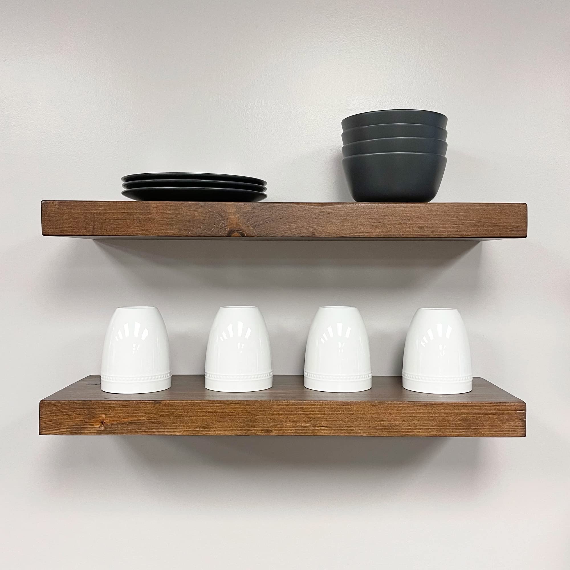 URBANDI Rustic Floating Shelves Set of 2 - Solid Wood Wall Mounted Shelves with Hidden Brackets (24Wx10D, Provincial) - Heavy Duty for Living Room, Kitchen, Bathroom & Home Decor
