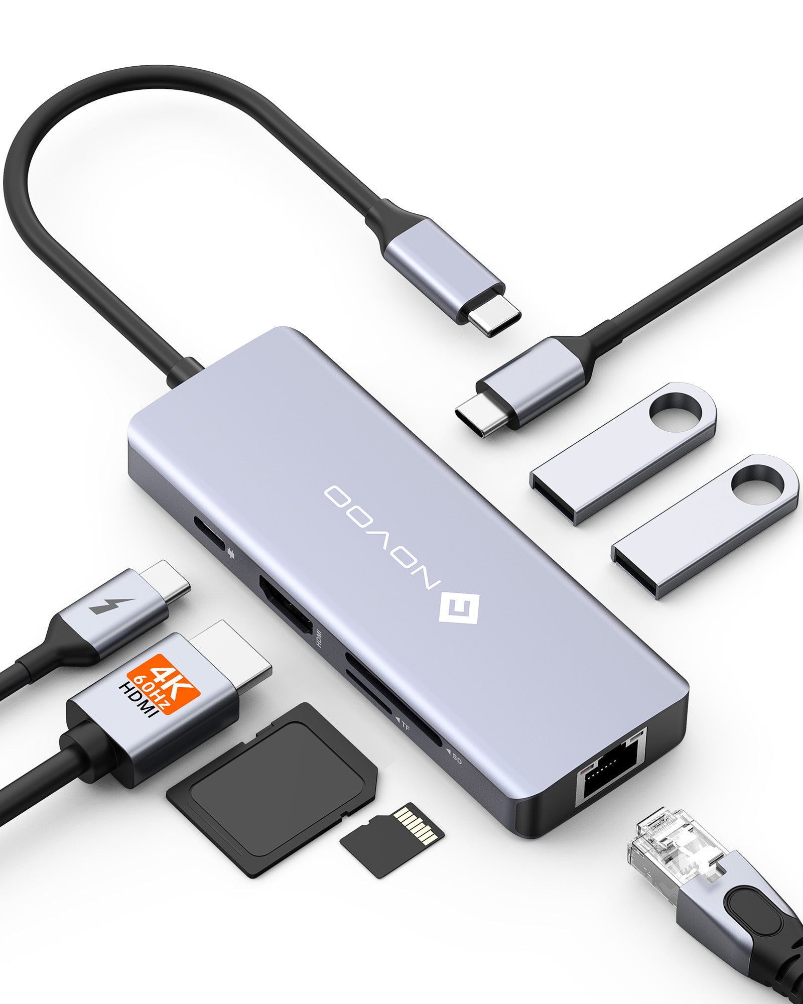 NOVOO 8-in-1 USB C Hub with 4K HDMI, USB 3.0, SD/TF Card Reader - Compact Multi-Port Adapter for MacBook Pro/Air, iPad Pro, Dell XPS, Chromebook - Perfect for Home Office, Travel & Presentations