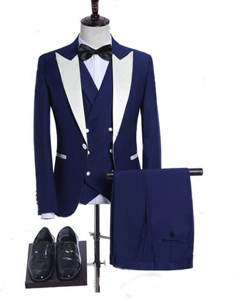 Dark Royal Blue 3-Piece Wedding Suit for Men | Peak Lapel Groomsmen Tuxedo Set | Formal Evening Wear for Weddings, Prom & Black Tie Events
