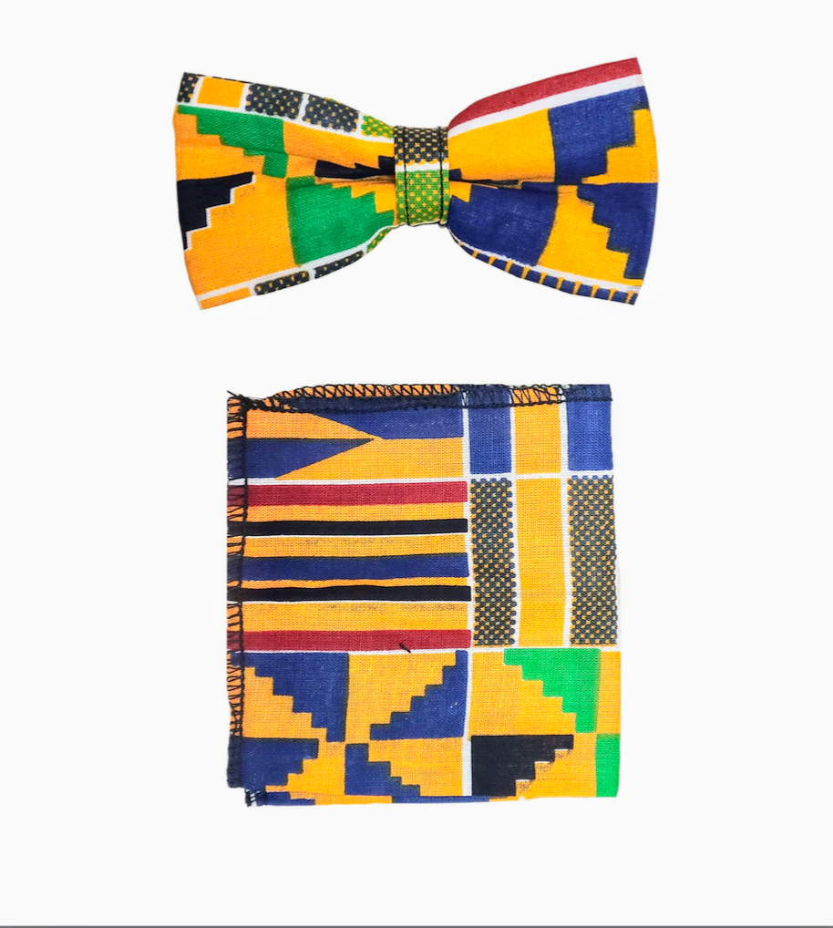 Exquisite African Print Kente Bow Tie and Pocket Square Set - Blue, Gold, Red, Black, Green & White - Dupisie's Kofi Adinkra DP4075BT - Perfect for Weddings, Parties & Cultural Events