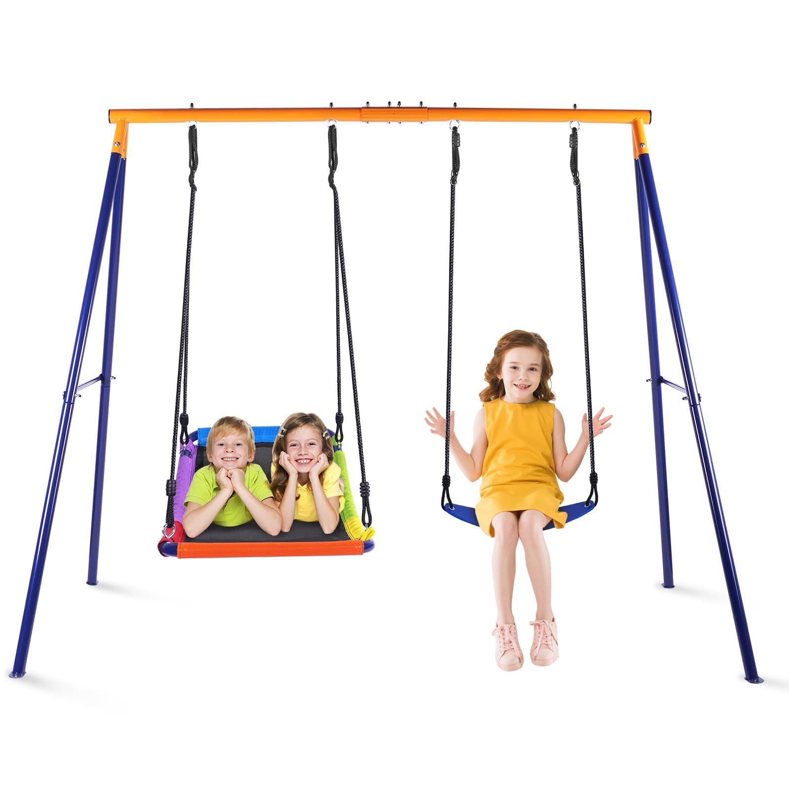 Durable 440lbs Heavy-Duty Metal A-Frame Swing Set for Backyard - Includes 1 Rectangle Platform Swing & 1 Kids Swing Seat - Perfect for Outdoor Play, Family Fun & Backyard Entertainment