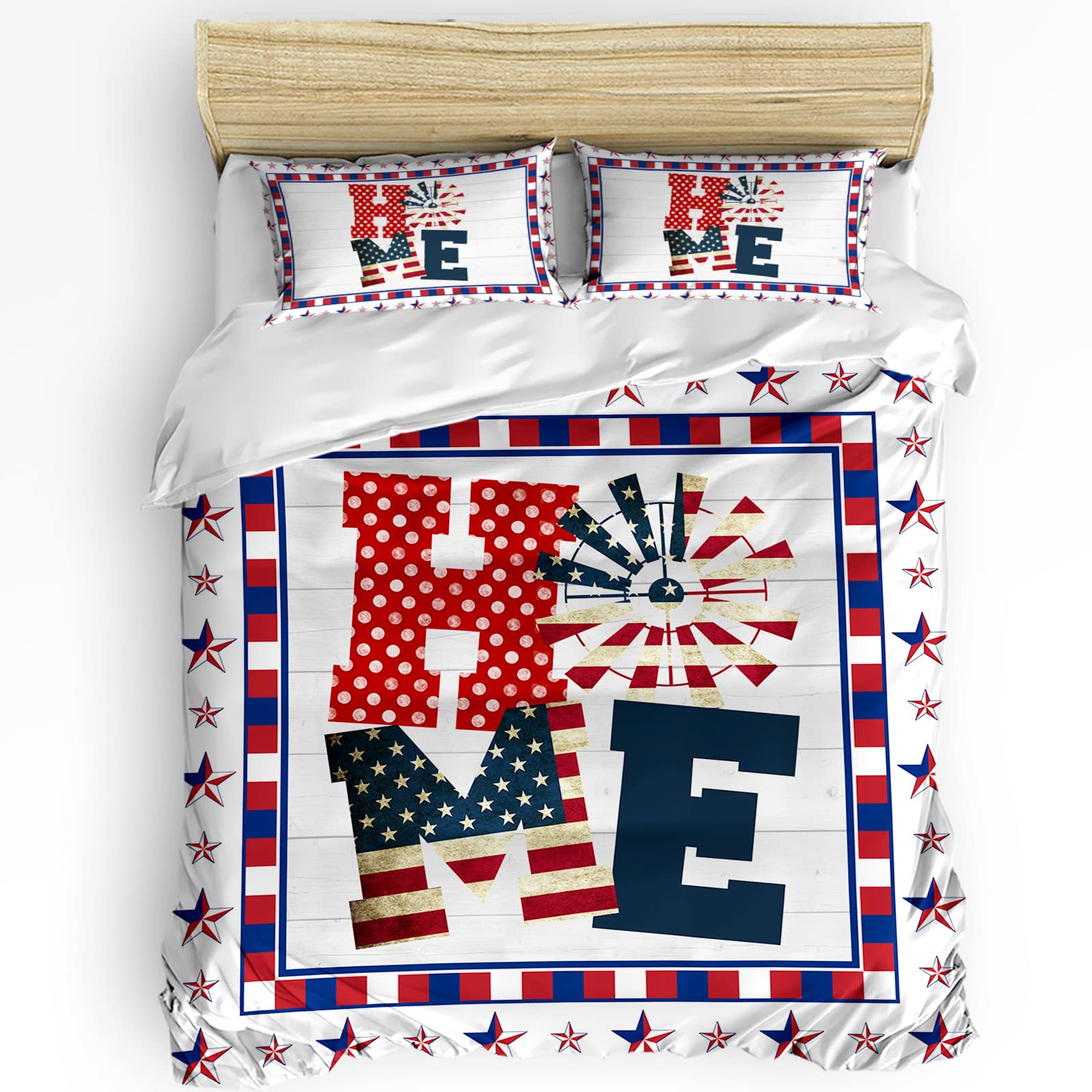 4th of July American Flag Duvet Cover Set - 3 Piece Twin Size Ultra Soft Breathable Bedding with Zipper Closure & Corner Ties (Duvet Cover + 2 Pillowcases) - Patriotic Stars & Wood Grain Design for Independence Day Decor, Bedroom Makeover & Holiday Themed Home Styling