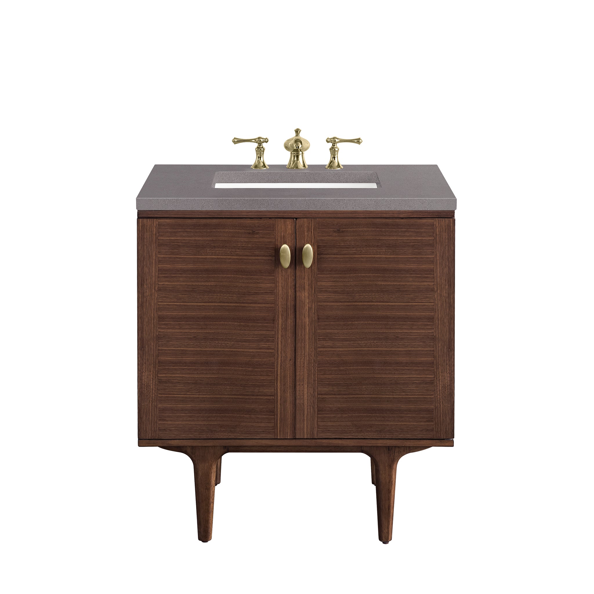 Amberly 30 Inch Single Vanity with Mid Century Walnut Finish & 3CM Grey Expo Top - Perfect for Modern Bathroom & Powder Room Makeovers