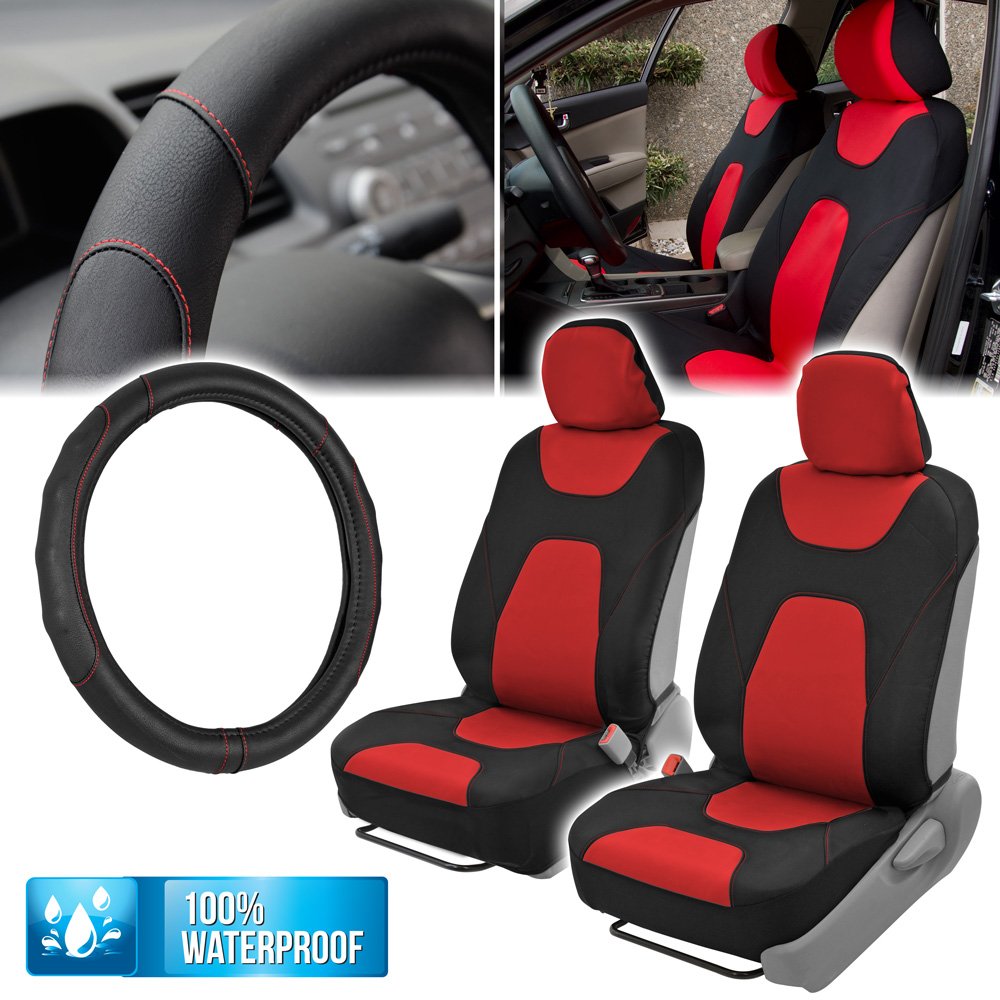 Waterproof Car Seat Covers & GripDrive Synthetic Leather Steering Wheel Cover Set - Black & Red (Basic Pack) | Universal Fit for Cars, SUVs & Trucks | Protects Seats from Spills, Pets & Wear