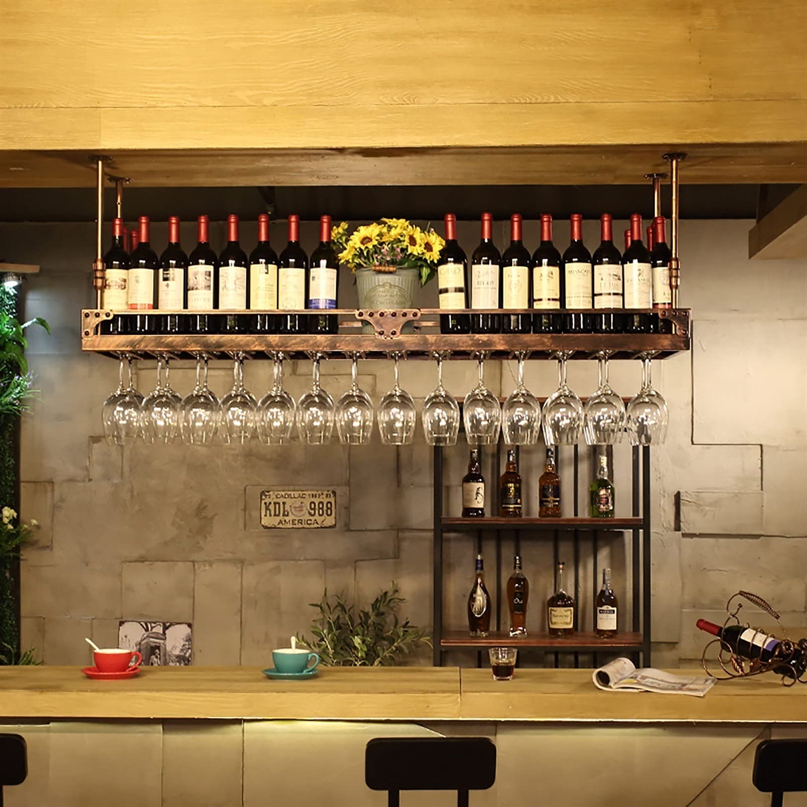 Modern Floating Ceiling Wine Glass Racks - Adjustable Height Mounted Storage Shelves for Bars, Restaurants & Kitchens | European Style Hanging Wine Rack (80x35cm) - Perfect for Wine Cellar Organization, Home Bar Display & Kitchen Storage Solutions
