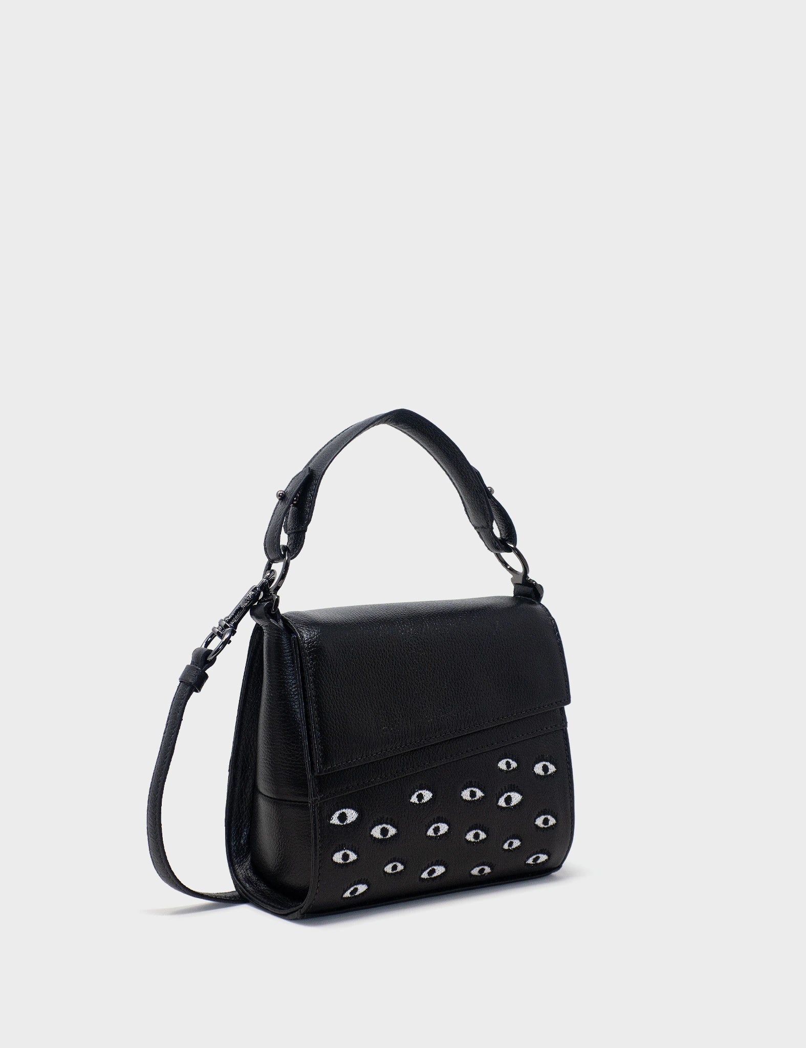 Anastasio Black Leather Micro Crossbody Bag with All Over Eyes Embroidery - Perfect for Travel, Parties, and Everyday Use