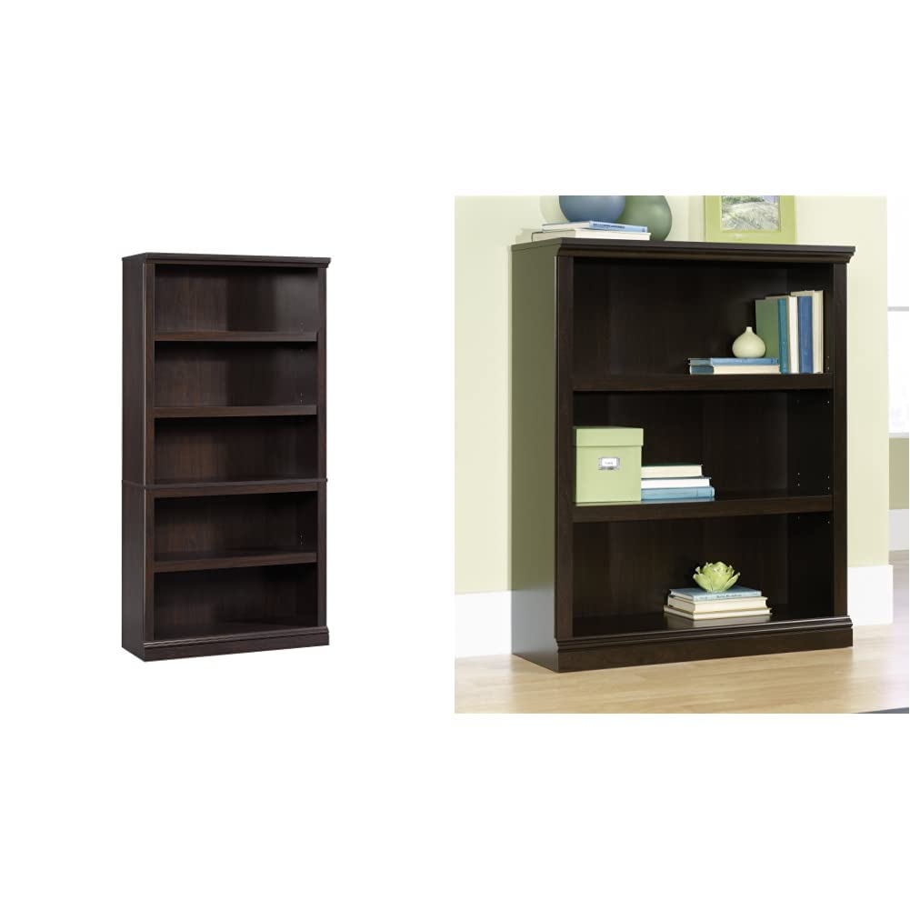 Sauder 5-Shelf Split Bookcase & 3-Shelf Bookcase Set in Jamocha Wood Finish - Modern Storage Solution for Home Office, Living Room, and Library Organization