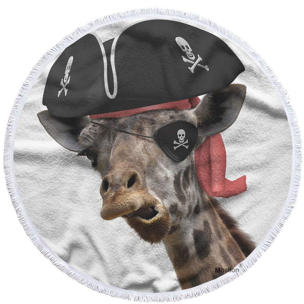 Moslion Giraffe Print Oversized Beach Towel 63 Inch - Soft Microfiber Polyester, Funny Animal Design with Pirate Hat & Eyepatch - Perfect for Pool, Beach, Picnics & Summer Outdoor Activities