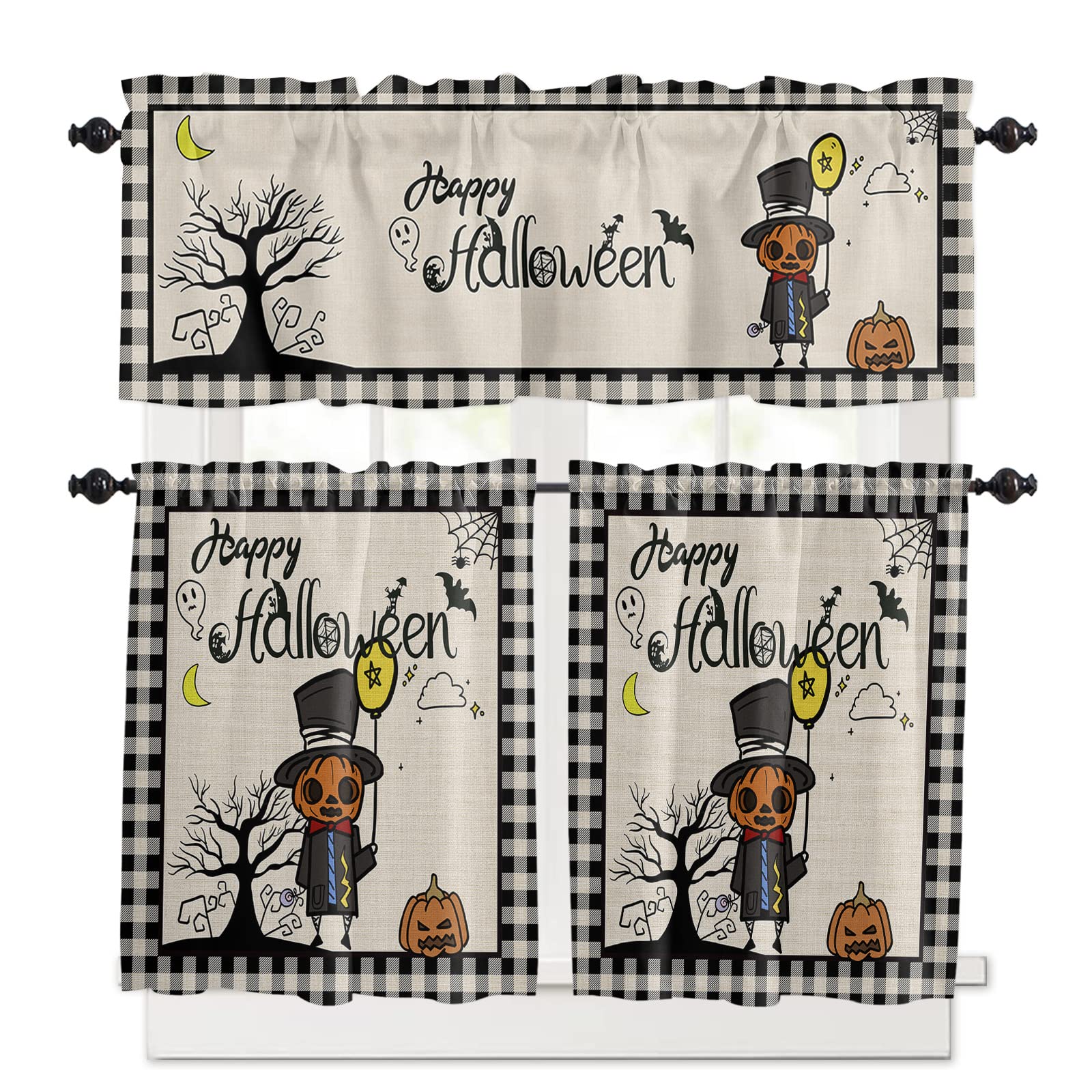 Halloween Kitchen Curtains Set - Farmhouse Black Plaid Fall Pumpkin Burlap Window Treatment with Rod Pocket, 54 x 18 inch + 27.5 x 24 inch x 2, Perfect for Seasonal Decor, Bedroom & Kitchen Windows