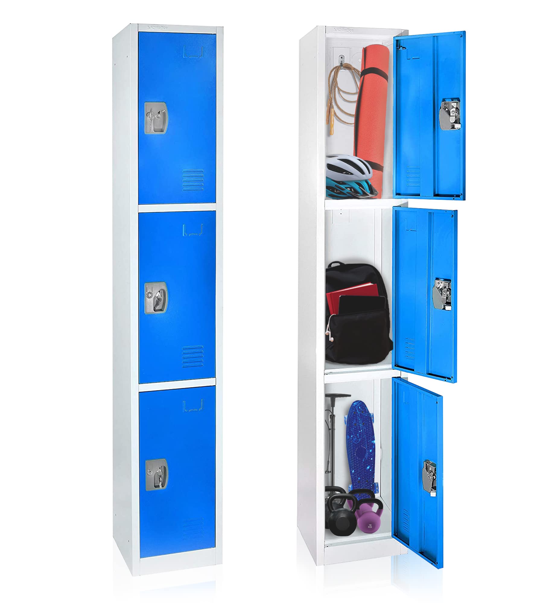 AdirOffice 3-Door Large School Locker with Hooks - Heavy Duty Metal Storage Cabinet for Garage, Office, or Classroom Organization (Blue) - Perfect for Storing Sports Equipment, School Supplies & Work Tools