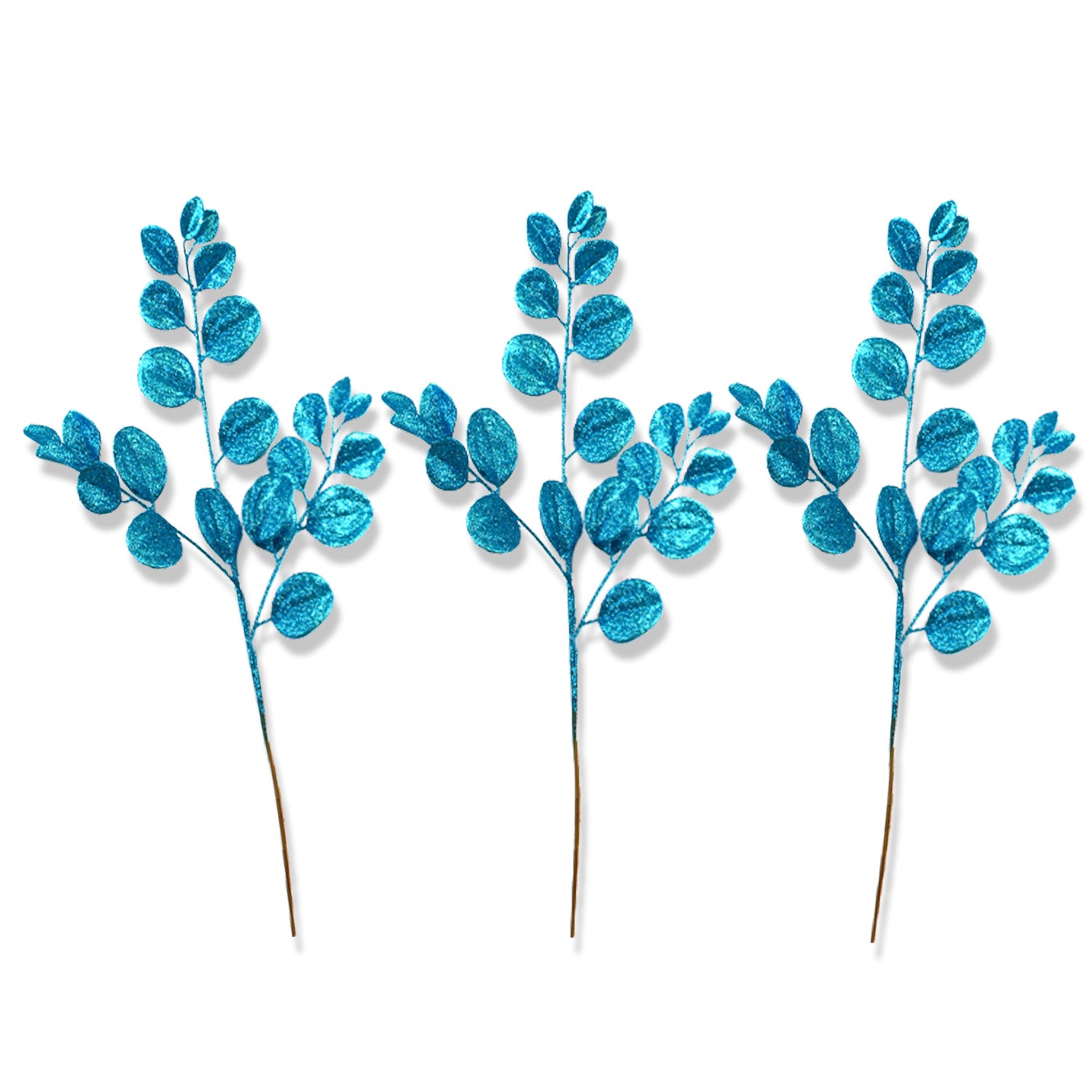 3 Pack of Teal Blue Round Leaf Glitter Picks - Floral Arrangement Decor, DIY Crafts, Gift Wrapping, Party Decorations, Wedding Centerpieces
