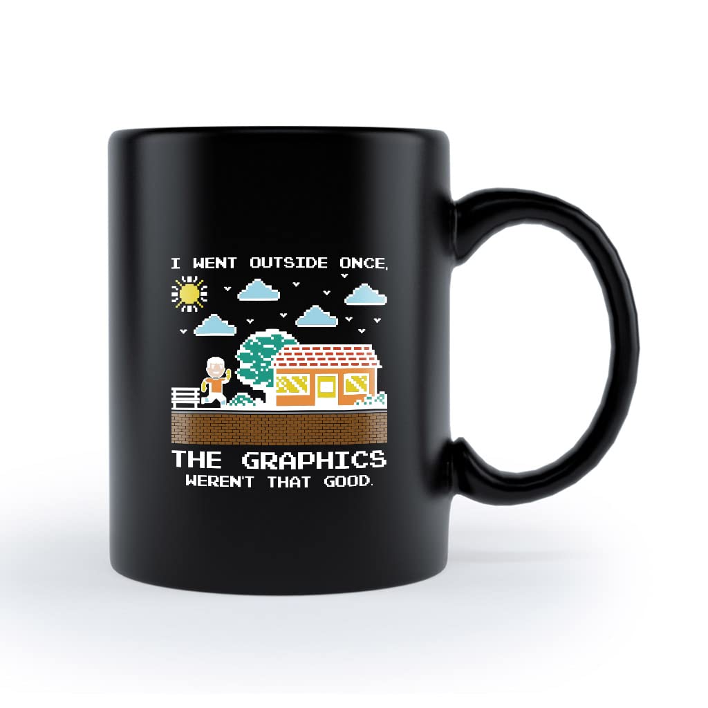 LINDENPAL 15oz Black Ceramic Gameboy Coffee Mug - Funny Novelty Gift for Dad, Mom, Daughter, Son & Friends | Retro Gaming Humor 'I Went Outside Once The Graphics Were Not That Good' | Perfect for Office, Home Use & Gamer Gifts