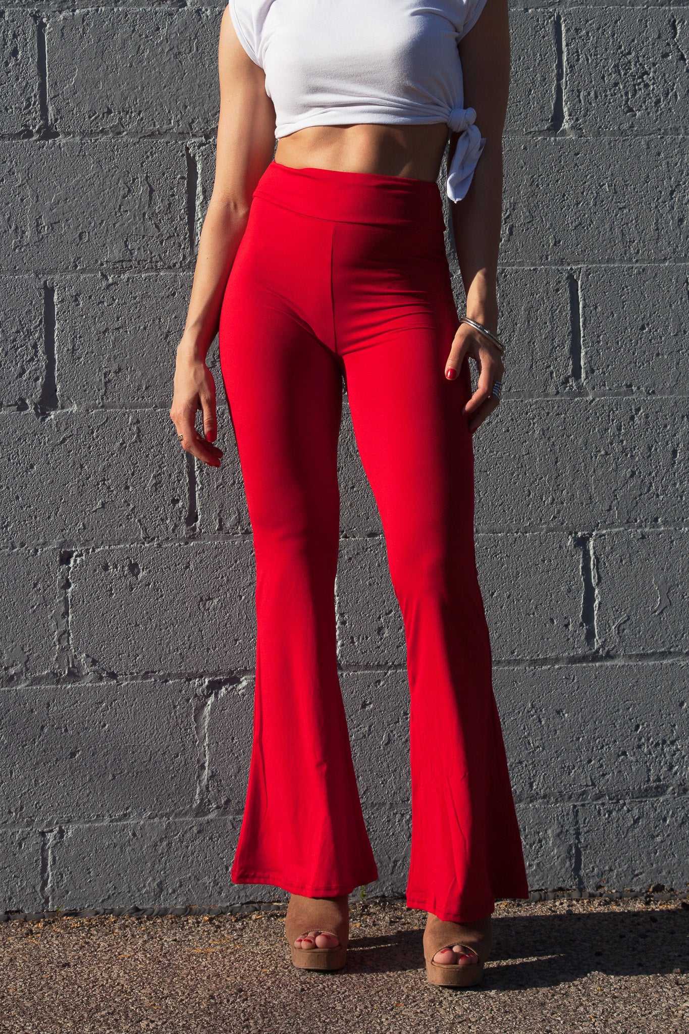 Tango Red Flare Leggings for Women - High Waisted Yoga Pants with Side Pockets - Perfect for Workouts, Running & Casual Wear
