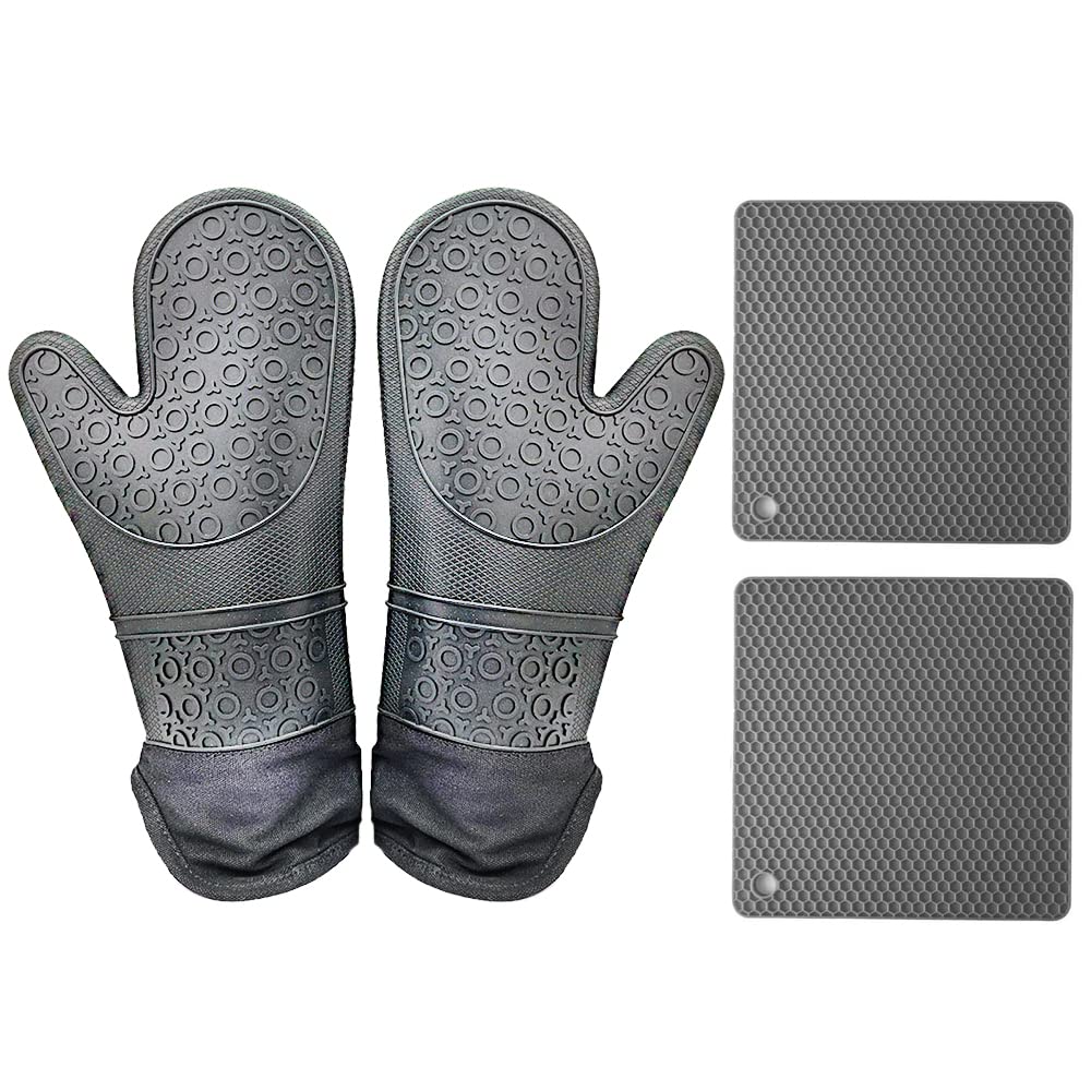 Extra Long Heat Resistant Silicone Oven Mitts Set - Heavy Duty Cooking Gloves & Hot Pads for Kitchen, Baking, Grilling - 14.7 Inch Grey (4-Piece) - Perfect for BBQ, Baking Cookies & Handling Hot Pots Safely
