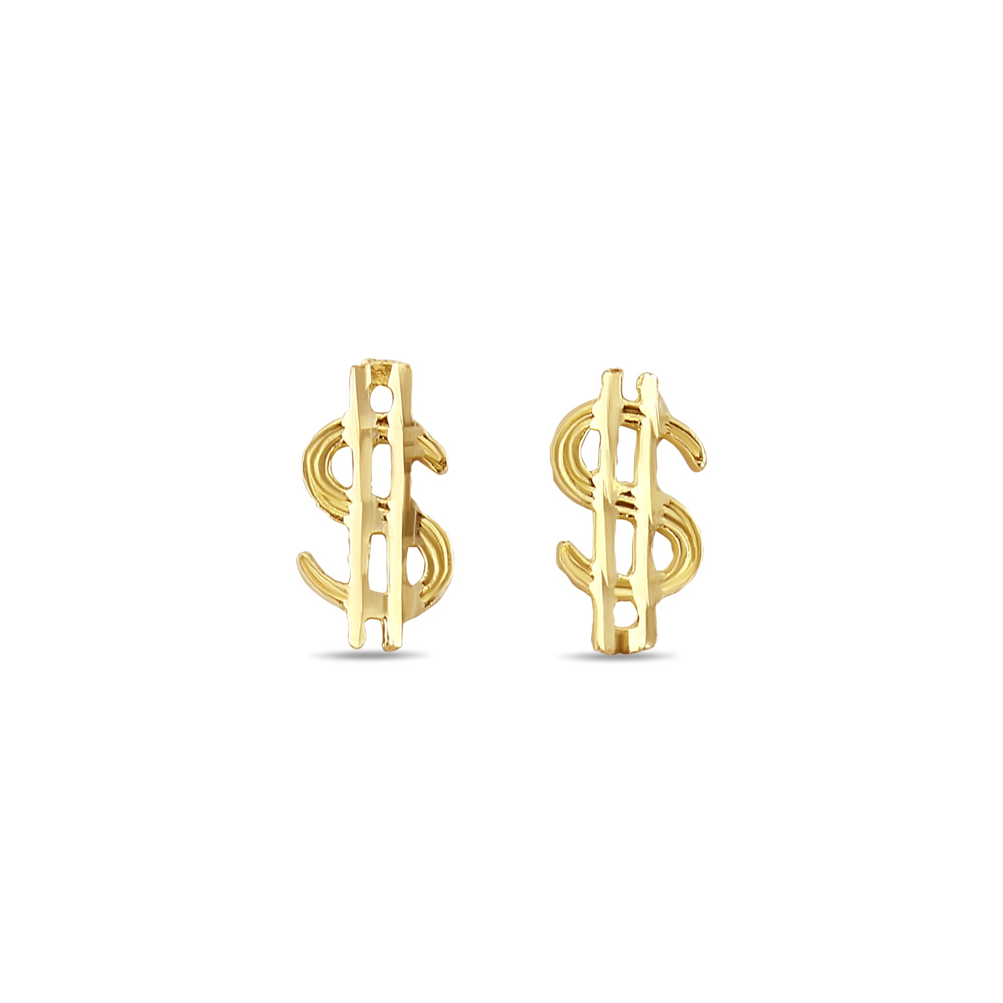 14K Yellow Gold Money Sign Stud Earrings with Diamond Cuts - Perfect for Everyday Wear & Gift Giving