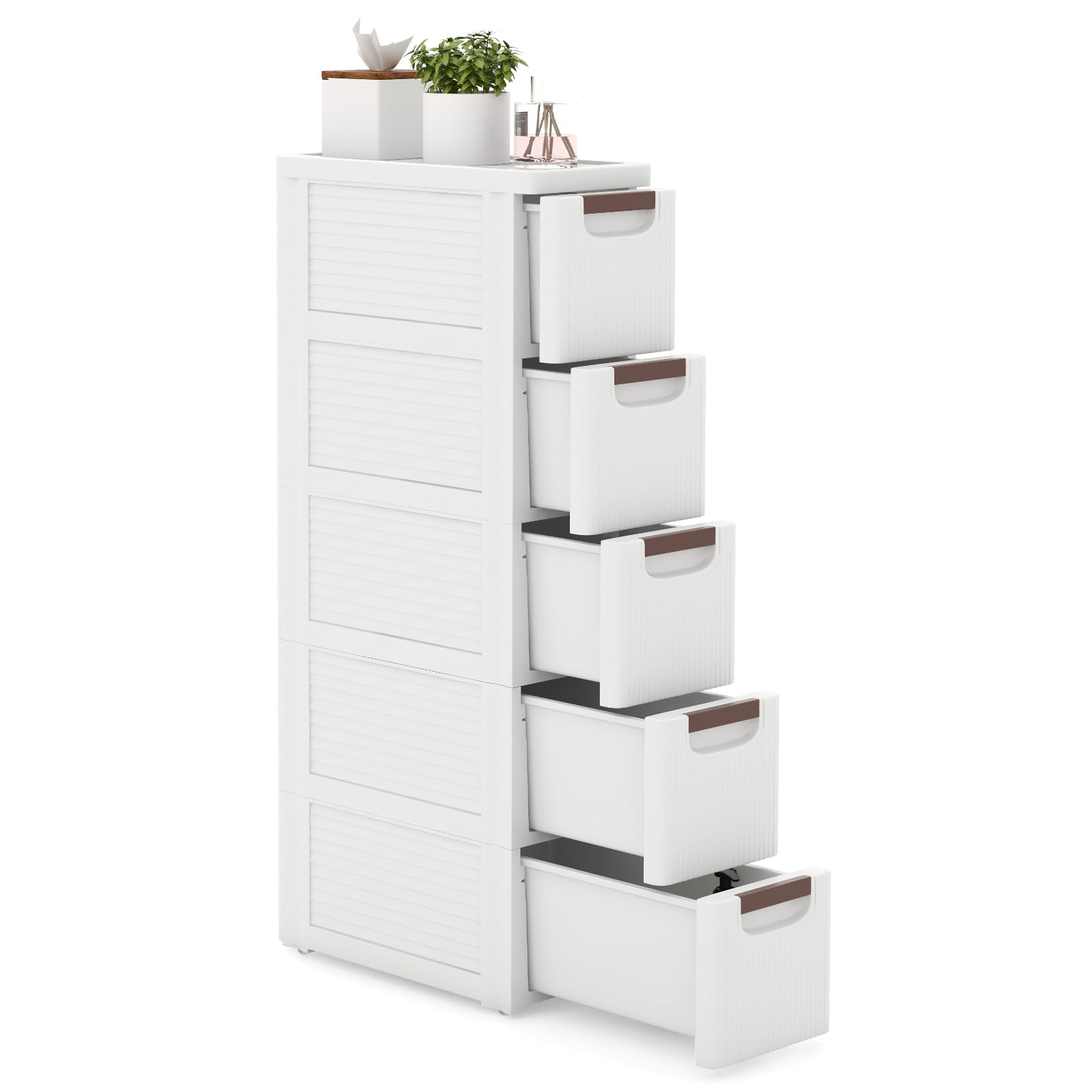 LOKO 5-Drawer Narrow Storage Cabinet - Slim Rolling Cart with Pull Handles & Built-in Wheels | Mobile Plastic Organizer for Living Room, Kitchen, Bathroom & Office (7.5