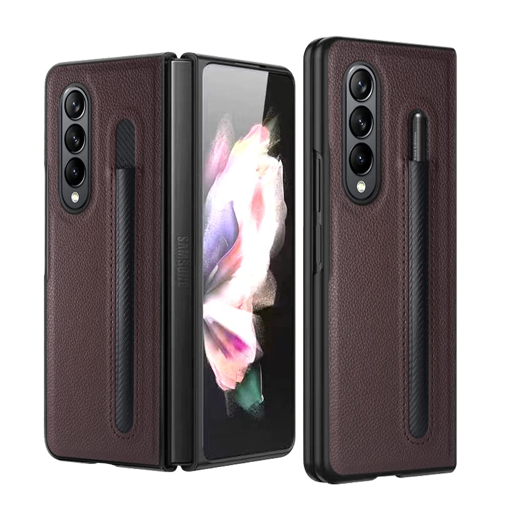 SHIEID Samsung Galaxy Z Fold 3 Case with S Pen Holder & Built-in Screen Protector | Wireless Charging Compatible | Plaid Brown Design | Protective Cover for Work, Travel & Daily Use