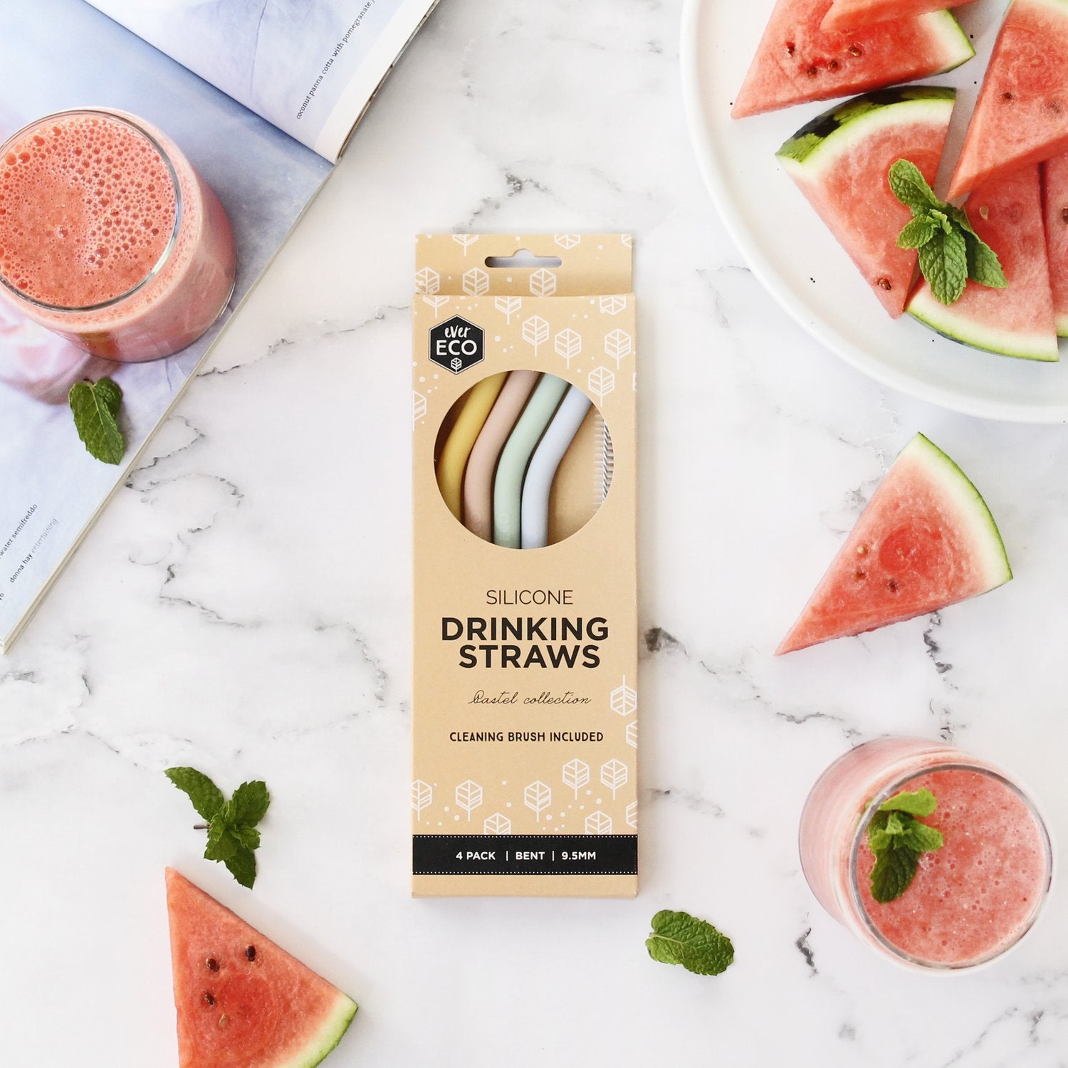 Ever Eco 4 Pack Reusable Silicone Drinking Straws with Cleaning Brush - BPA Free, Flexible & Durable for Smoothies, Cocktails, Iced Coffee & Home/Office Use