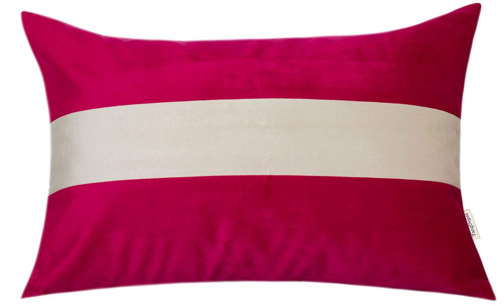 TangDepot 2-Pack Heavy Velvet Decorative Throw Pillow Covers - 12x24 Inch Lumbar Pillow Shells in Cream White Striped & Raspberry, Ultra Soft for Sofa, Bed, Outdoor Patio