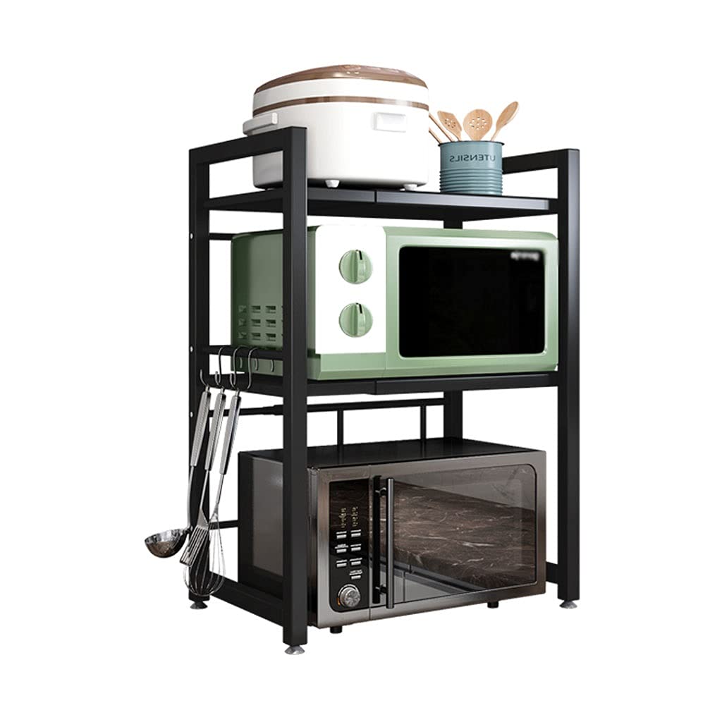 QIAOLI Adjustable Standing Baker's Rack - Heavy Duty Microwave Oven Shelf & Kitchen Counter Organizer with 3 Hooks | Extendable Free Standing Storage for Small Appliances, Spices & Cooking Utensils | Perfect for Kitchen Countertops, Pantry Organization & Baking Space Saving