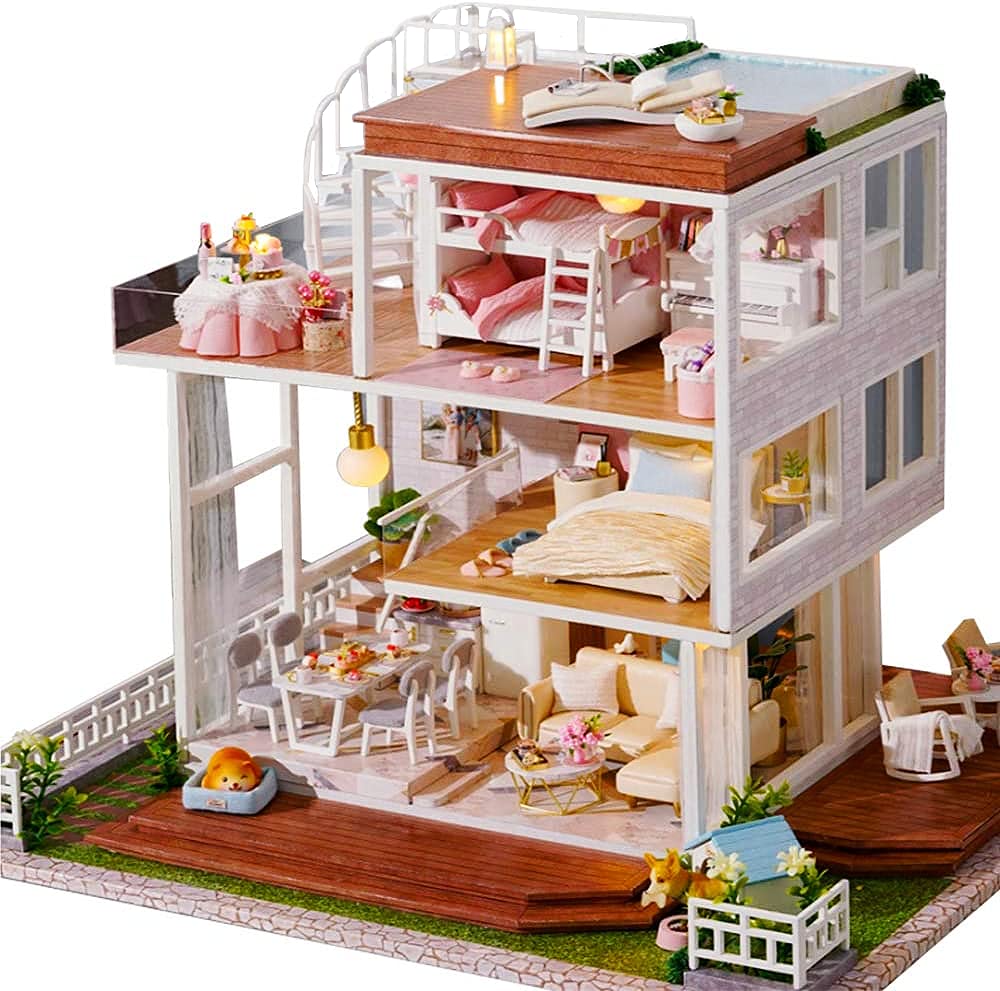 DIY Wooden Dollhouse Kit with LED Lights - Large Double-Sided Garden Villa Miniature House, Furniture & Puzzle Toy Model for Creative Room Decor, Handcrafted Birthday Gift for Kids & Collectors | Perfect for Playtime, Home Decoration & Miniature Enthusiasts