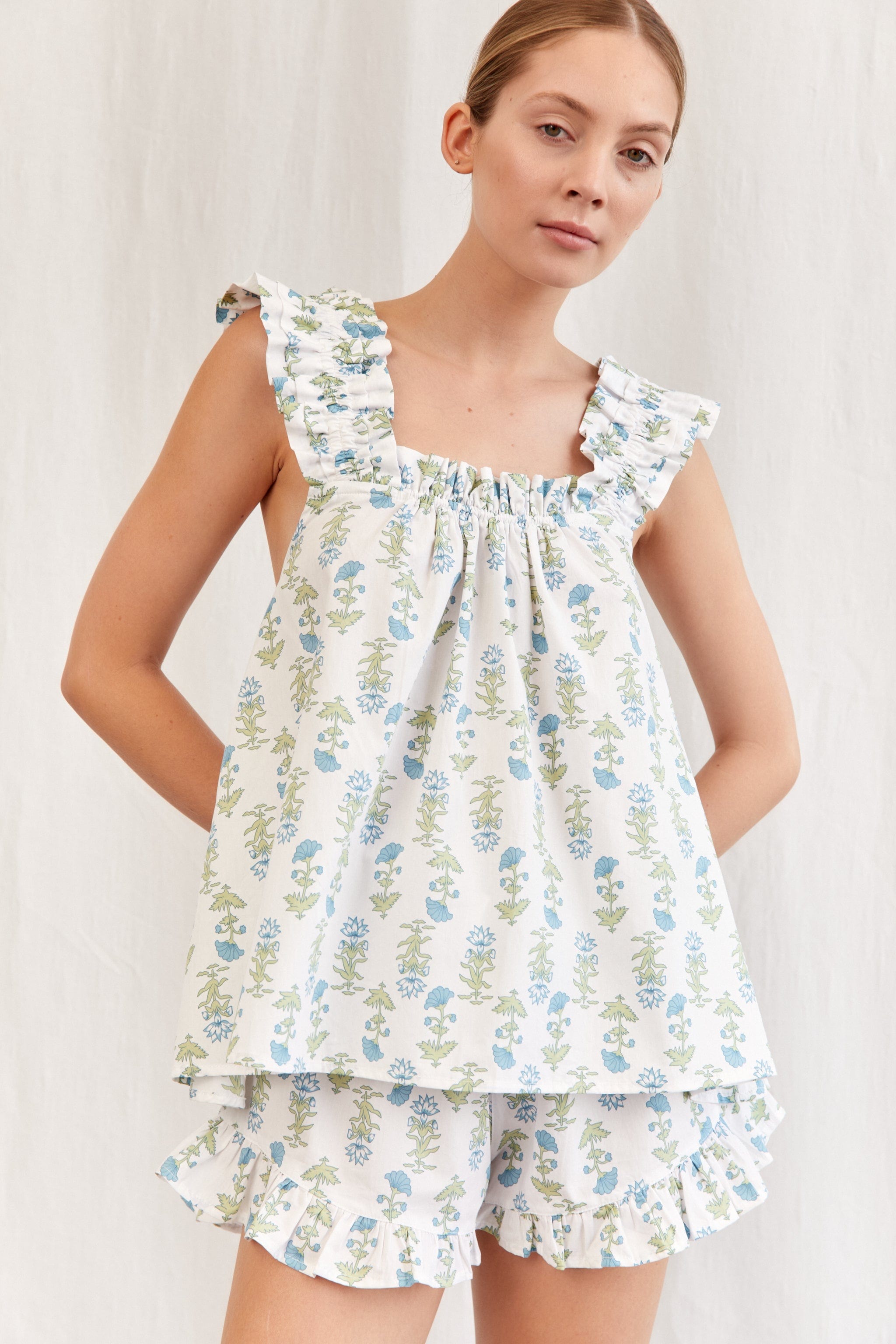 Nicolette Cotton Sleep Set with Lotus Flower Design in Blue - Comfortable Pajamas for Women, Perfect for Relaxing at Home or Lounging in Bed