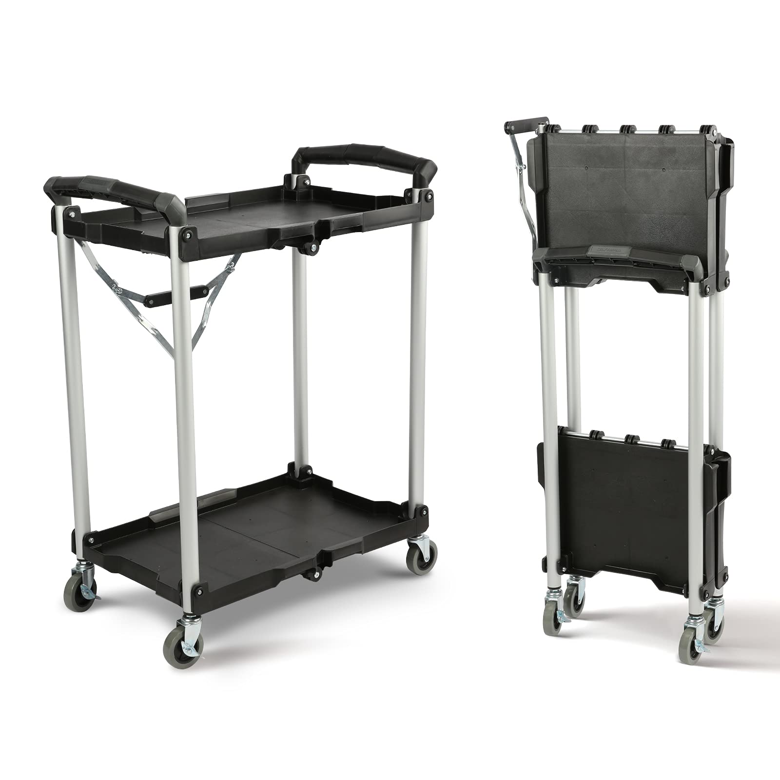 Olympia Tools 89-356 Pack-N-Roll Folding Collapsible Service Cart - Black 2-Tier Utility Cart with 50 Lb Capacity per Shelf | Portable Storage Cart for Warehouse, Workshop, Home & Office Organization
