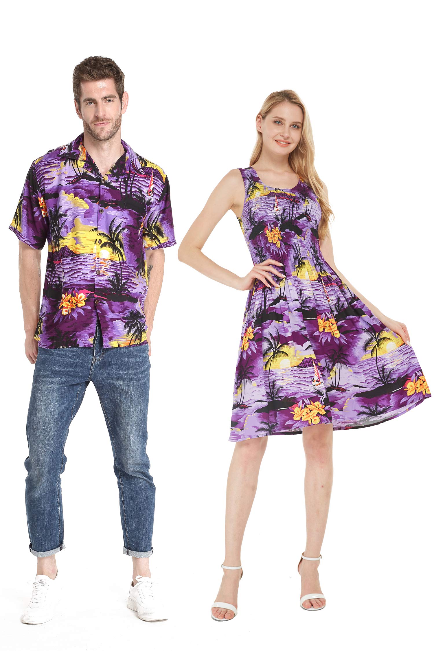 **Matching Couple Hawaiian Luau Aloha Shirt & Tank Dress Set - Day Dream Bloom Print - Tropical Vacation Outfits for Beach Parties & Summer Getaways**