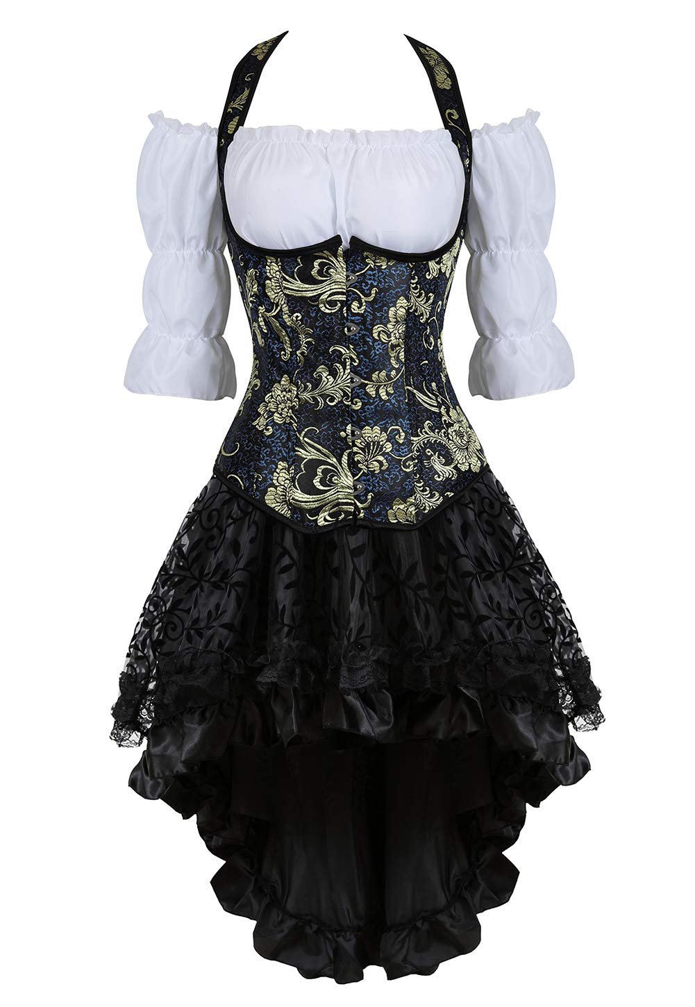 Steampunk Corset Outfit for Women - 3 Piece Bustier, Blouse & Skirt Set with Straps | Victorian Gothic Fashion, Cosplay & Halloween Costume