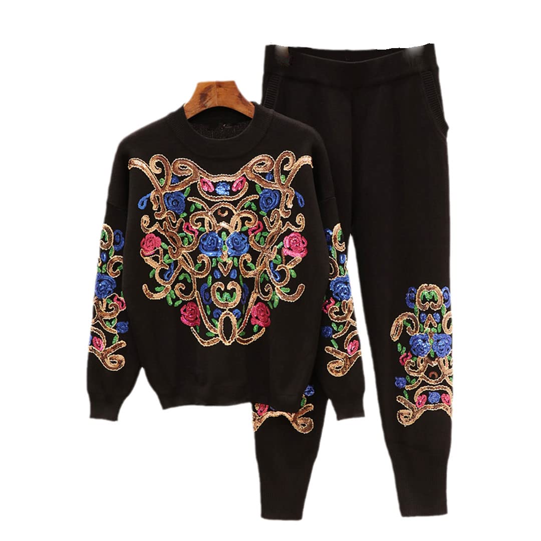 Women's Floral Sequin Long Sleeve Knit Sweater & Pants 2-Piece Tracksuit Set - Cozy Lounge Wear for Home, Yoga & Casual Outings