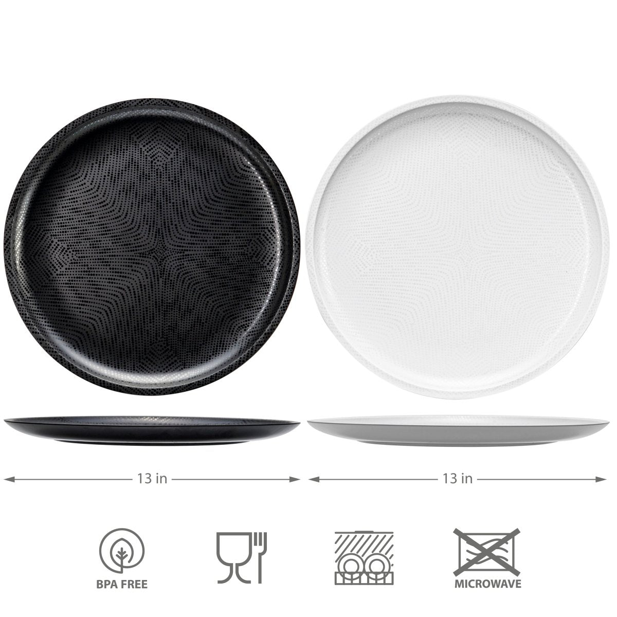 2-Piece Mono Melamine Round Platter Set - Black & White - Durable & Stylish Serving Dishes for Parties, Picnics, and Everyday Use
