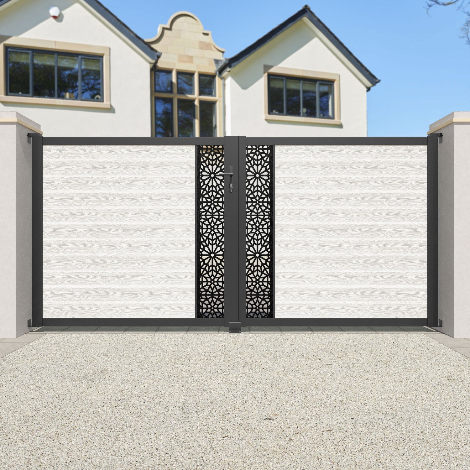 Classic Alnara Straight Top Driveway Gate - Light Stone Finish with Middle Screen - Perfect for Residential Driveways, Garden Entrances & Property Security